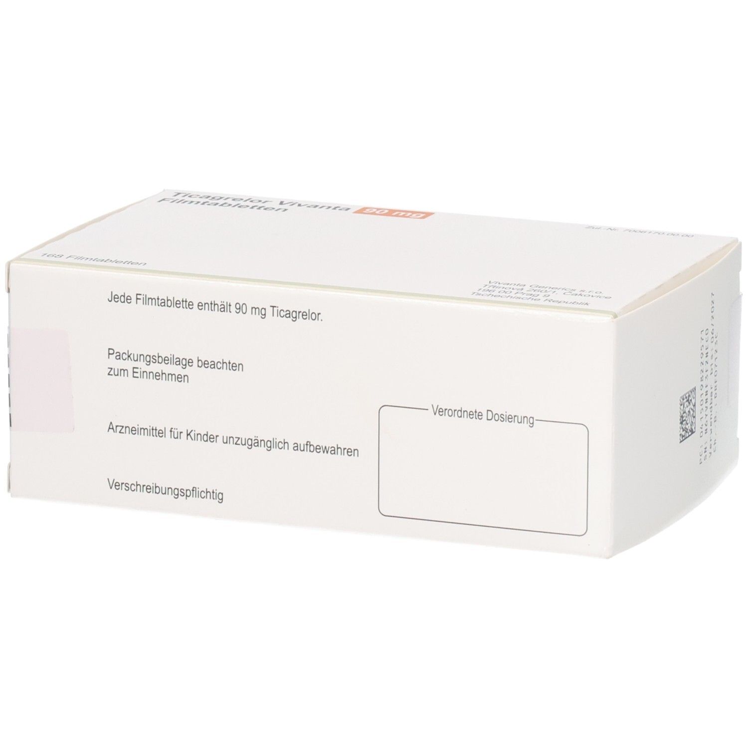 Rückseite der Schachtel mit Ticagrelor Vivanta. Text: Enthält 90 mg Ticagrelor. Verschreibungspflichtig.