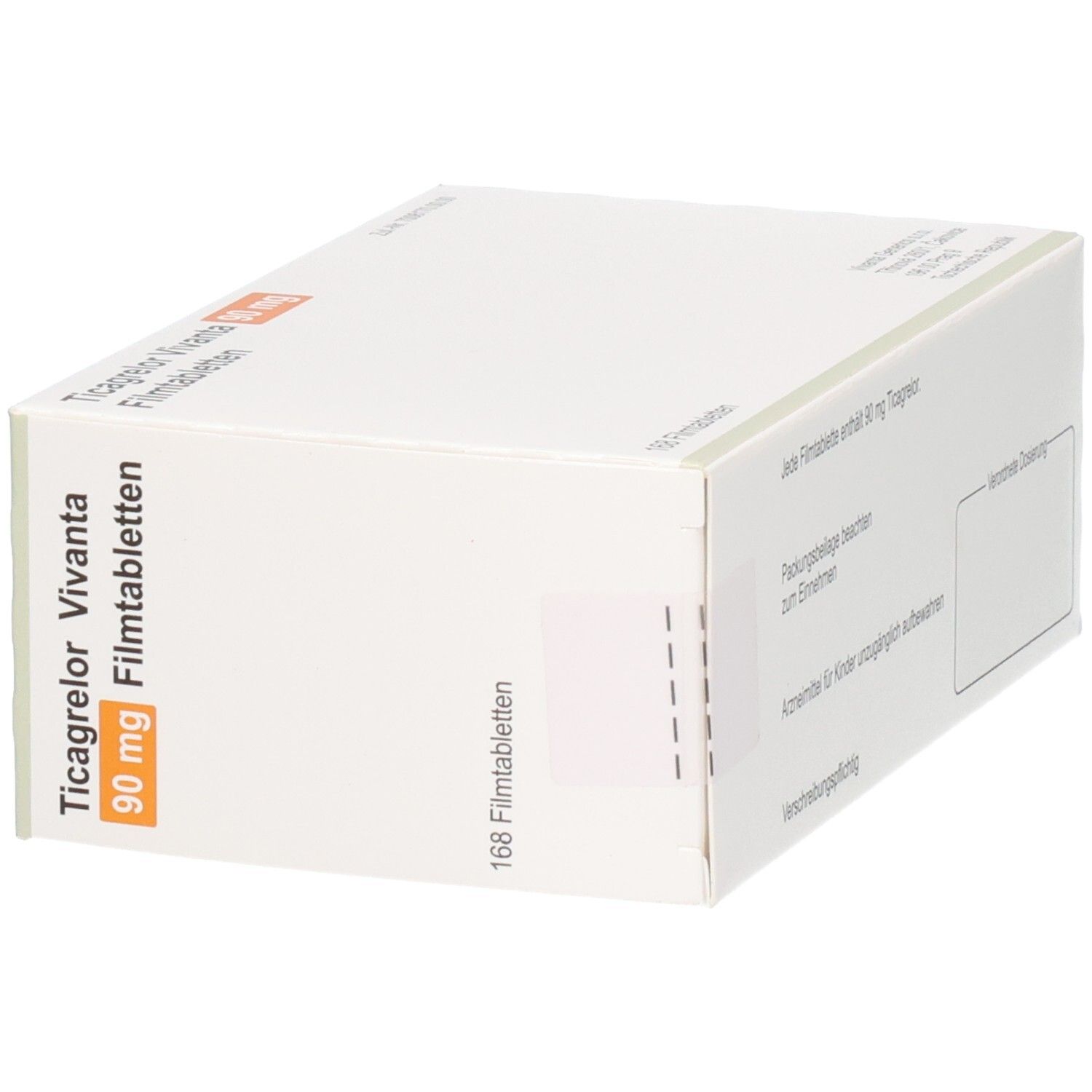 Schachtel mit Ticagrelor Vivanta 90 mg Filmtabletten. Aufdruck: 168 Filmtabletten. Vivanta Logo.