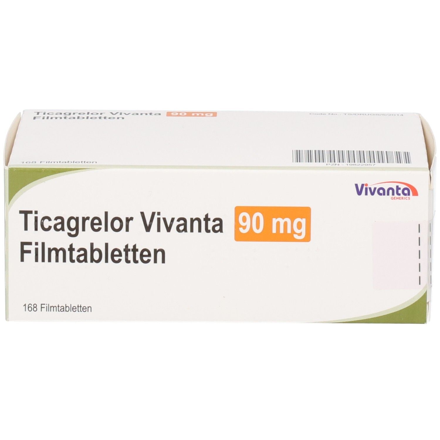 Schachtel mit Ticagrelor Vivanta 90 mg Filmtabletten. Aufdruck: 168 Filmtabletten. Vivanta Logo.