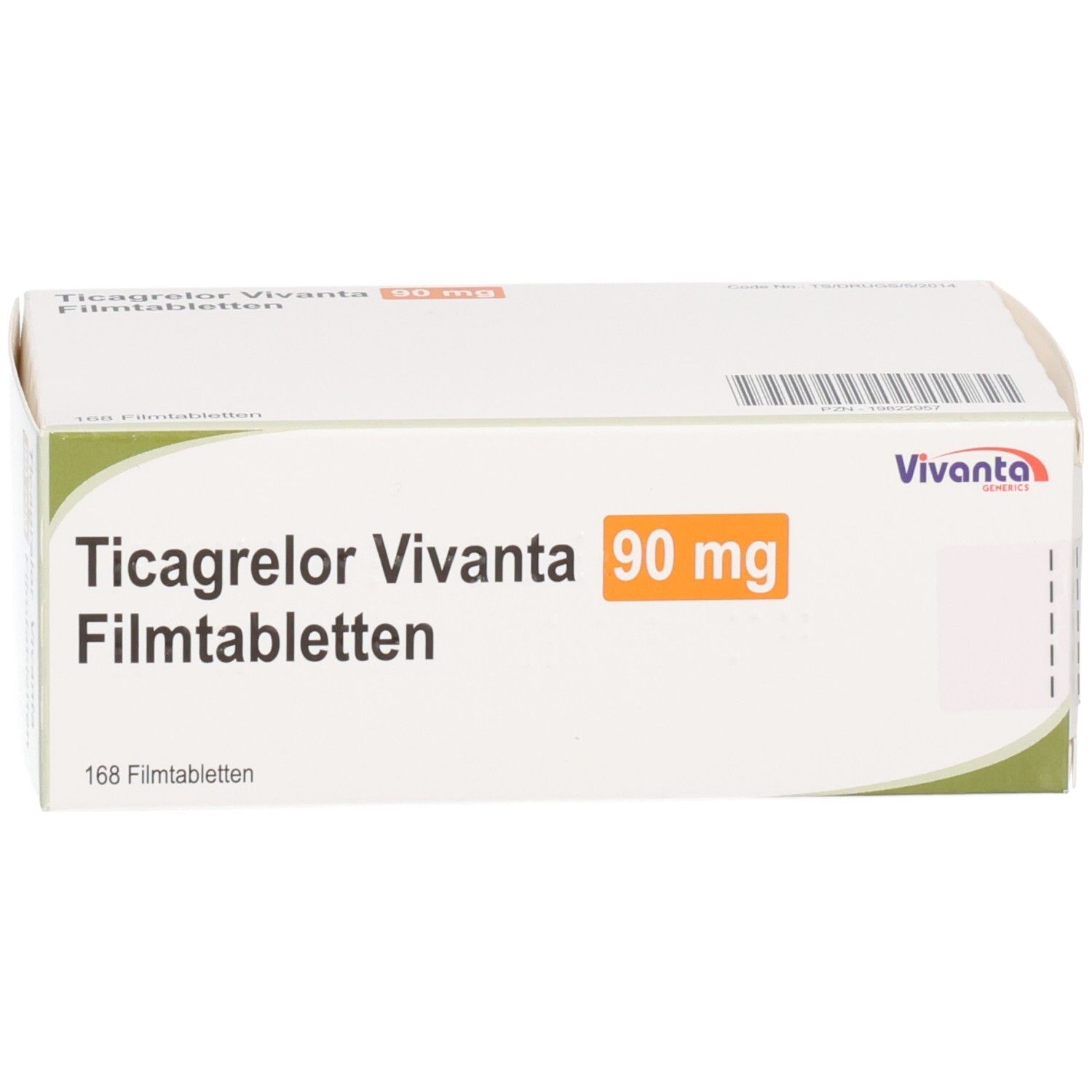 Schachtel mit Ticagrelor Vivanta 90 mg Filmtabletten. Aufdruck: 168 Filmtabletten. Vivanta Logo.