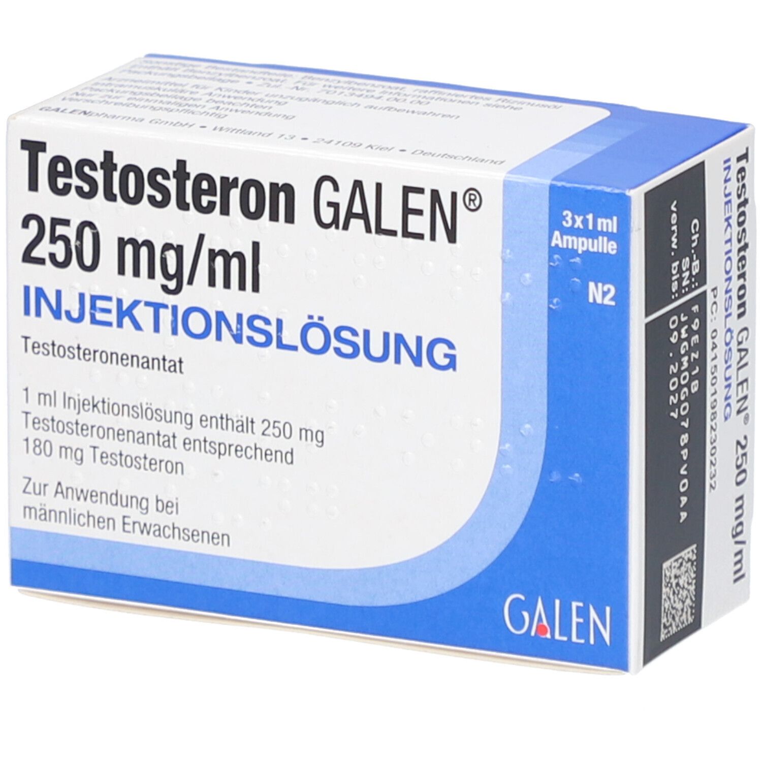Karton TESTOSTERON GALEN 250 mg/ml Injektionslösung. Enthält 3 Ampullen. Aufschrift: 250 mg/ml, Injektionslösung, Testosteron. Blaue und weiße Verpackung.