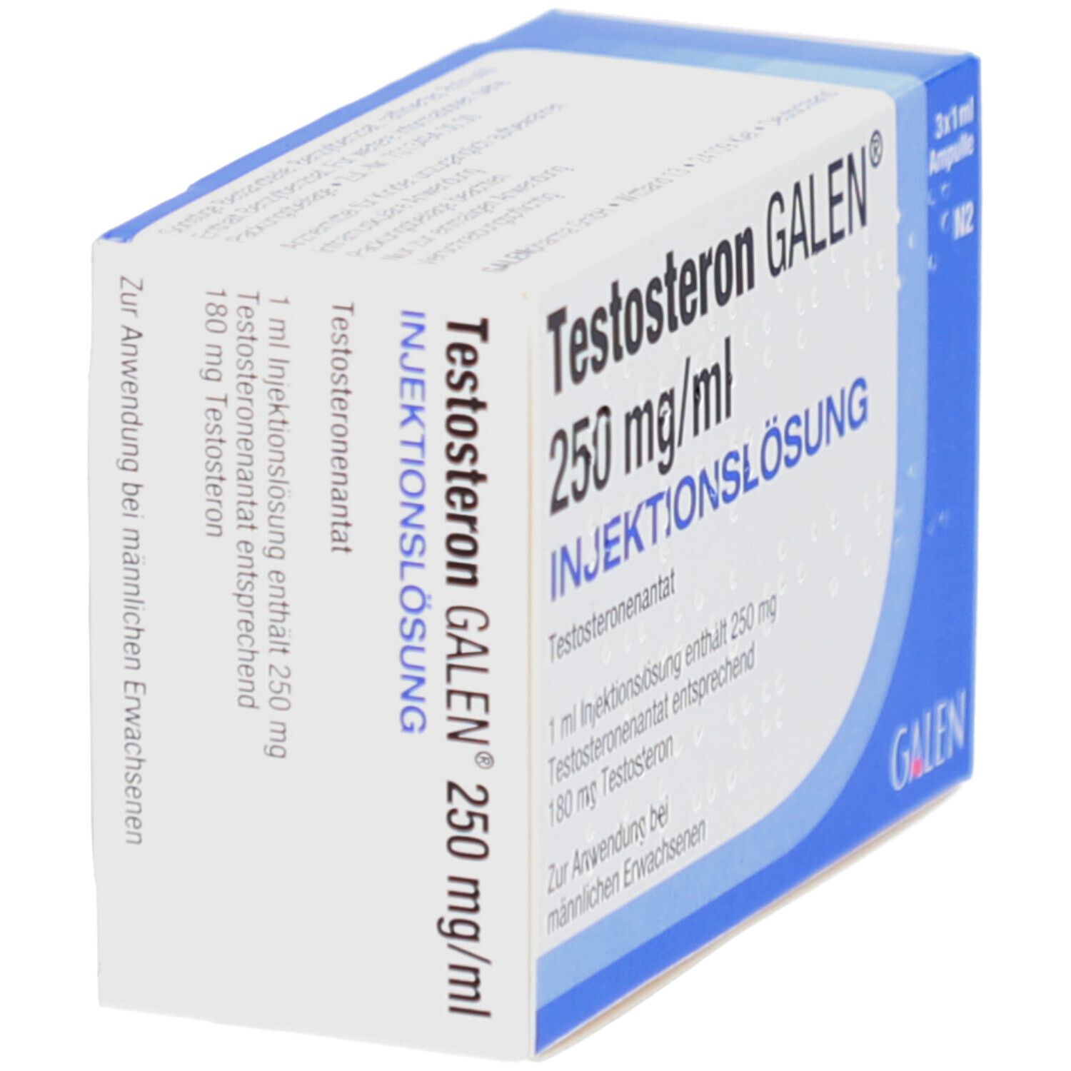 Schrägansicht der Verpackung TESTOSTERON GALEN 250 mg/ml Injektionslösung. Aufschrift: 250 mg/ml, Injektionslösung, Testosteron. Blaue und weiße Verpackung.