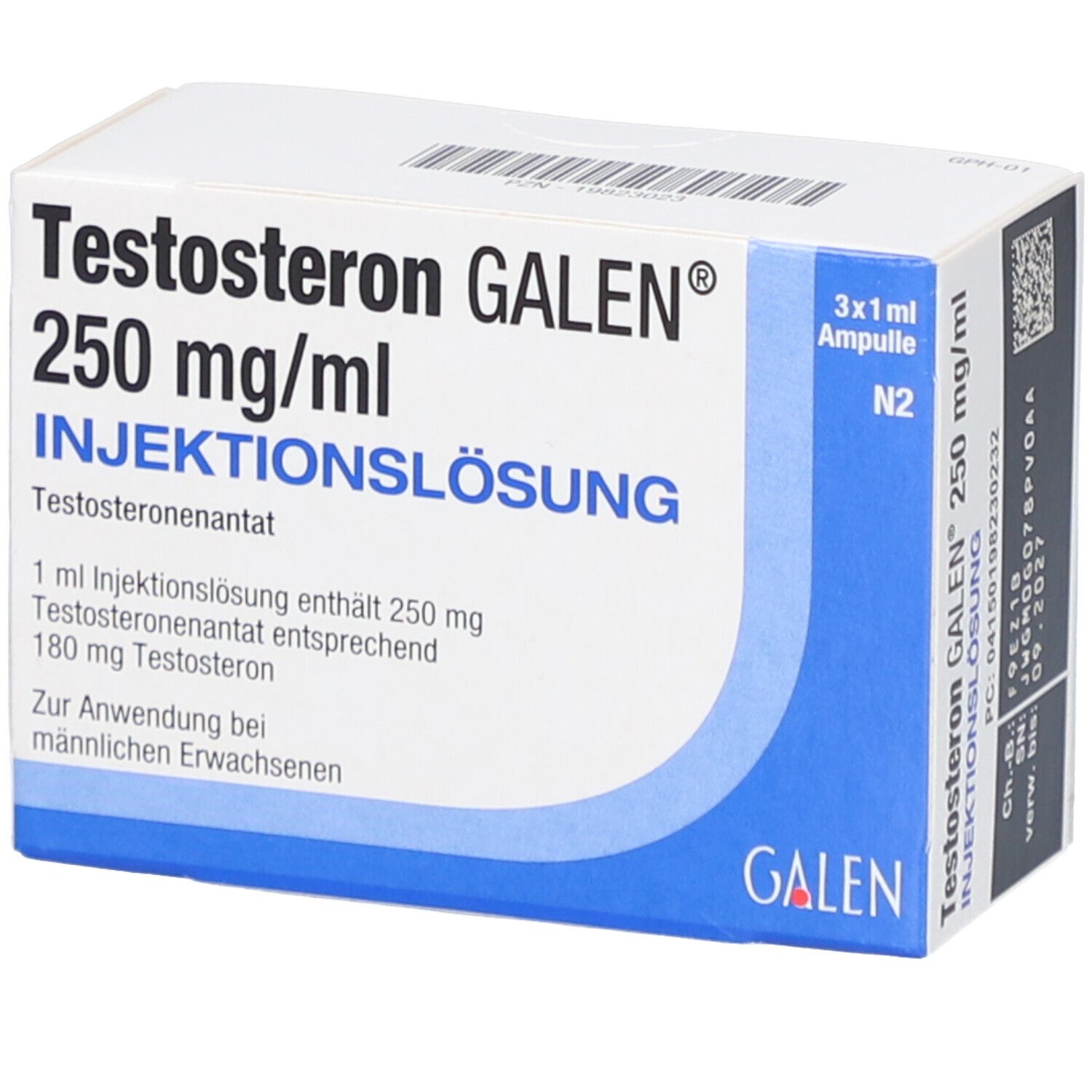 Karton TESTOSTERON GALEN 250 mg/ml Injektionslösung. Enthält 3 Ampullen. Aufschrift: 250 mg/ml, Injektionslösung, Testosteron. Blaue und weiße Verpackung.