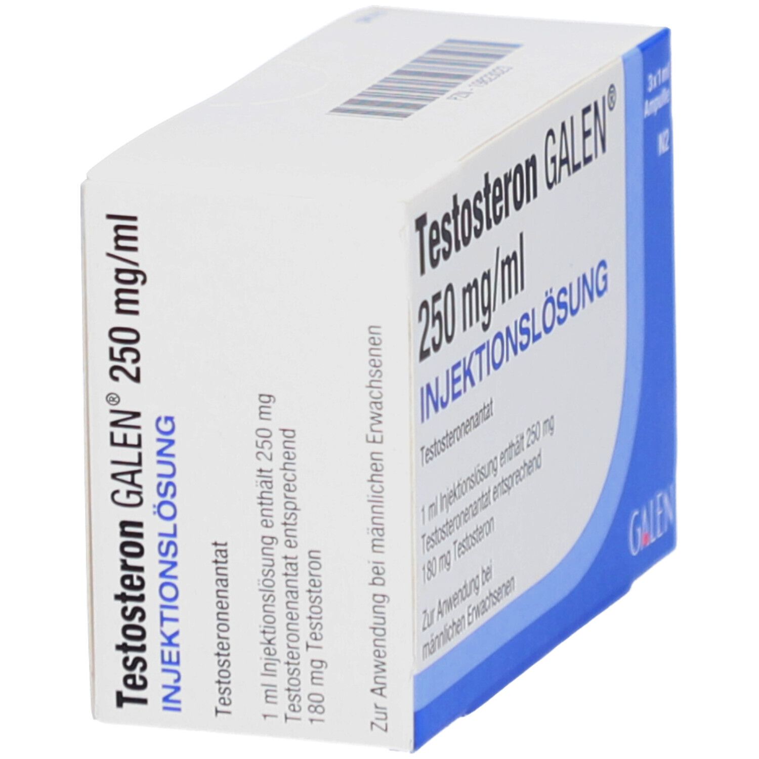 Schrägansicht der Verpackung TESTOSTERON GALEN 250 mg/ml Injektionslösung. Aufschrift: 250 mg/ml, Injektionslösung, Testosteron. Blaue und weiße Verpackung.