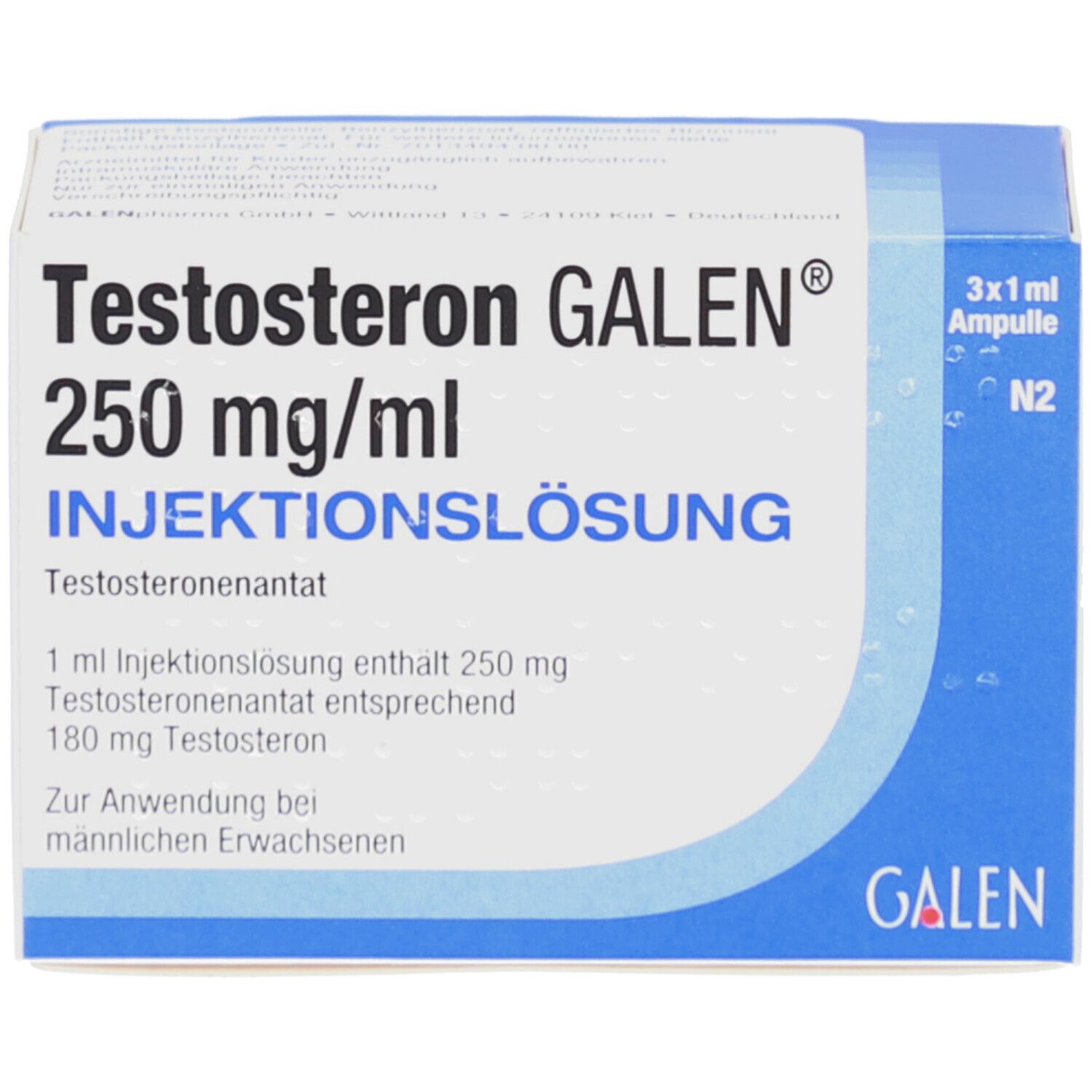 Karton TESTOSTERON GALEN 250 mg/ml Injektionslösung. Enthält 3 Ampullen. Aufschrift: 250 mg/ml, Injektionslösung, Testosteron. Blaue und weiße Verpackung.
