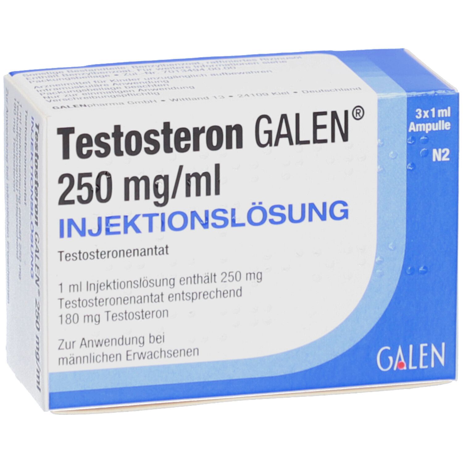 Schrägansicht der Verpackung TESTOSTERON GALEN 250 mg/ml Injektionslösung. Aufschrift: 250 mg/ml, Injektionslösung, Testosteron. Blaue und weiße Verpackung.