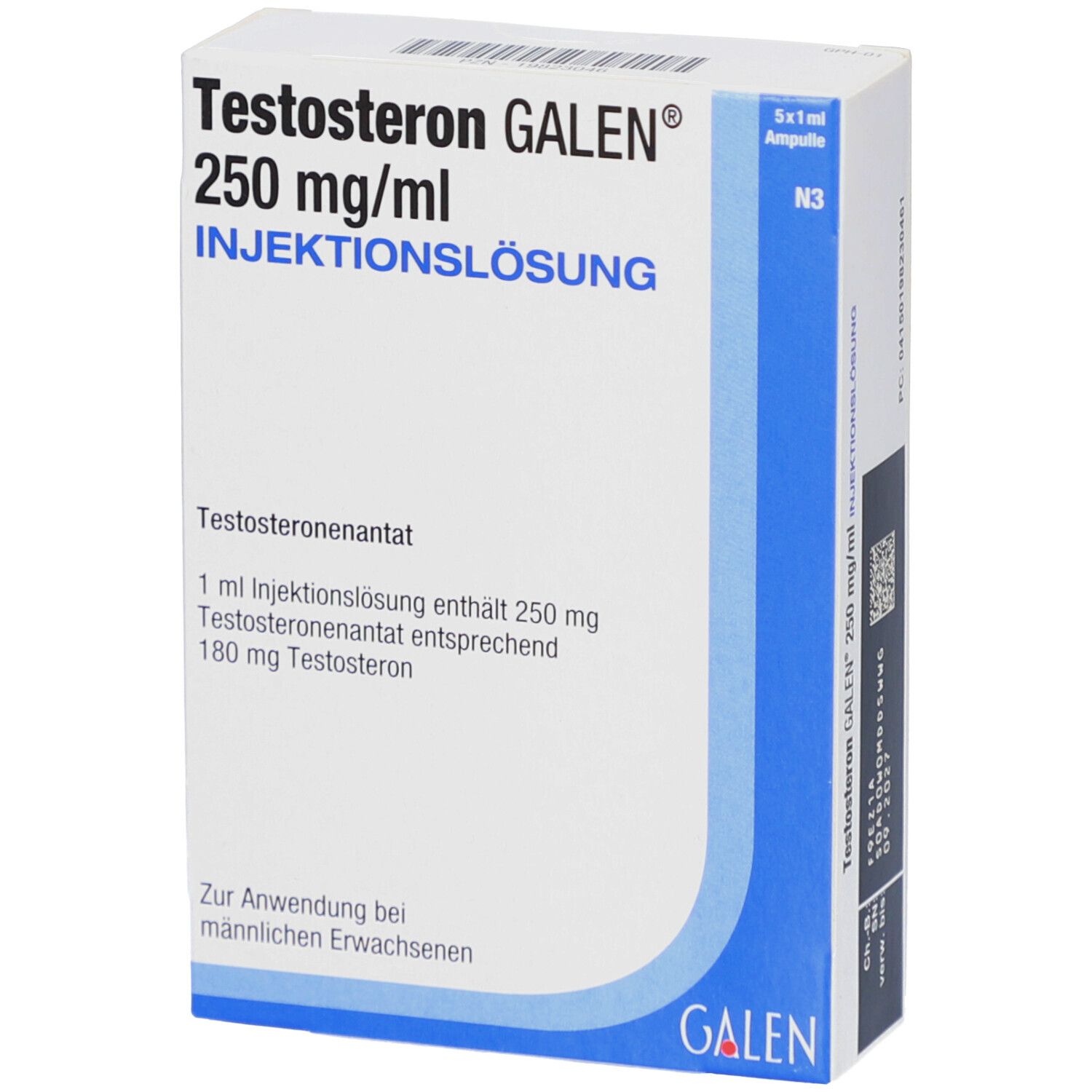 Karton von Testosteron GALEN 250 mg/ml Injektionslösung. Enthält 5 Ampullen. Blaue und weiße Verpackung mit Produktinformationen.