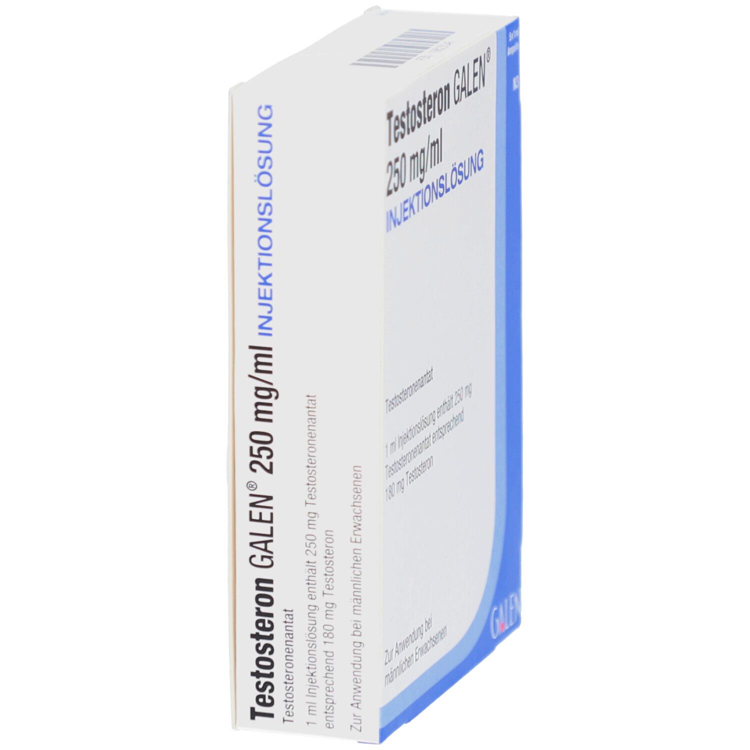 Seitenansicht der Verpackung von Testosteron GALEN 250 mg/ml Injektionslösung. Blaue und weiße Schachtel mit Text.