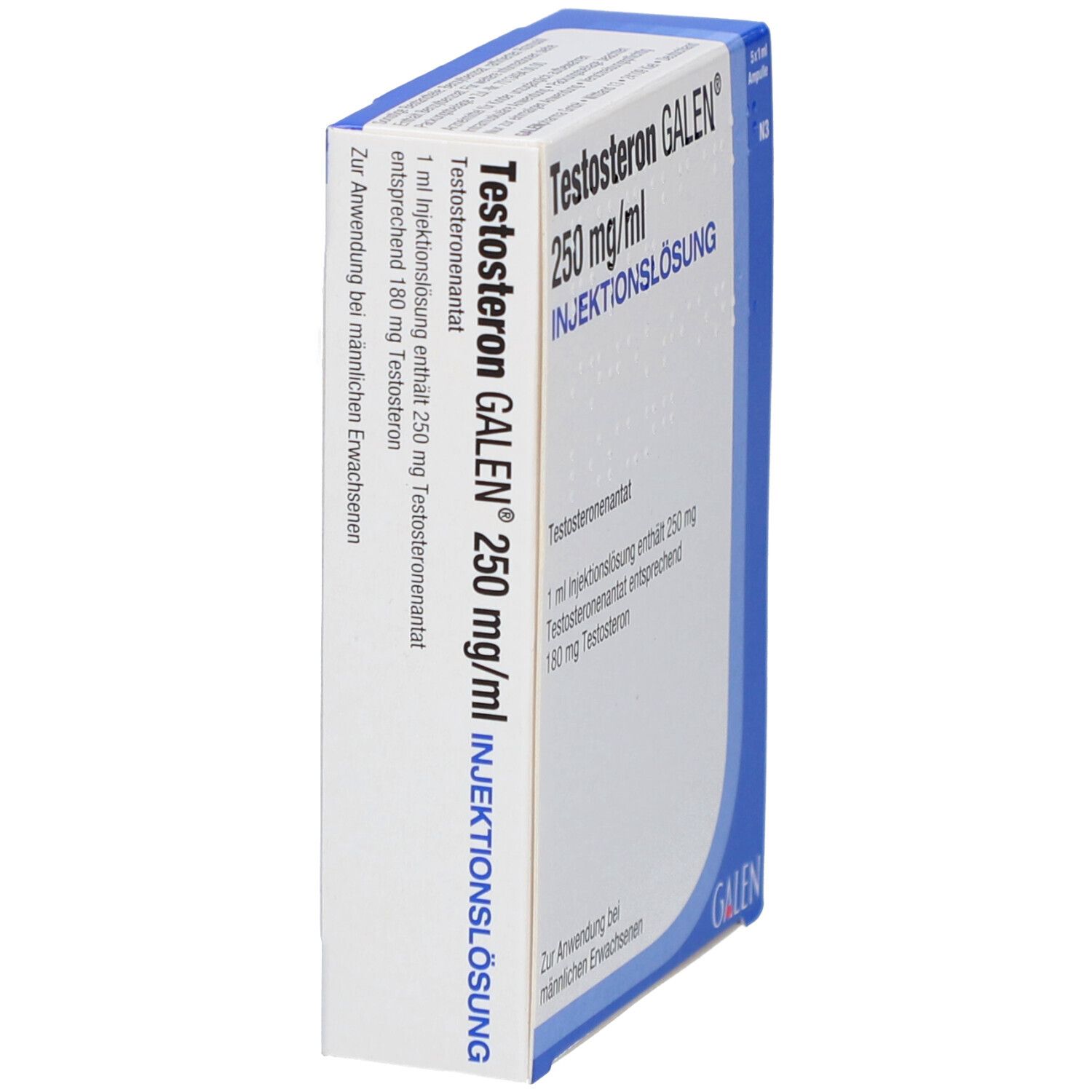 Seitenansicht der Verpackung von Testosteron GALEN 250 mg/ml Injektionslösung. Blaue und weiße Schachtel mit Text.