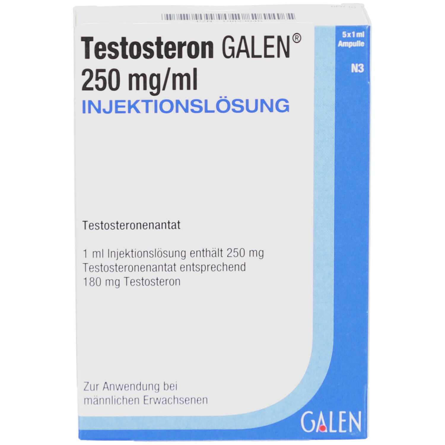 Verpackung von Testosteron GALEN 250 mg/ml Injektionslösung. Enthält 5 Ampullen. Blaue und weiße Verpackung mit Produktinformationen.