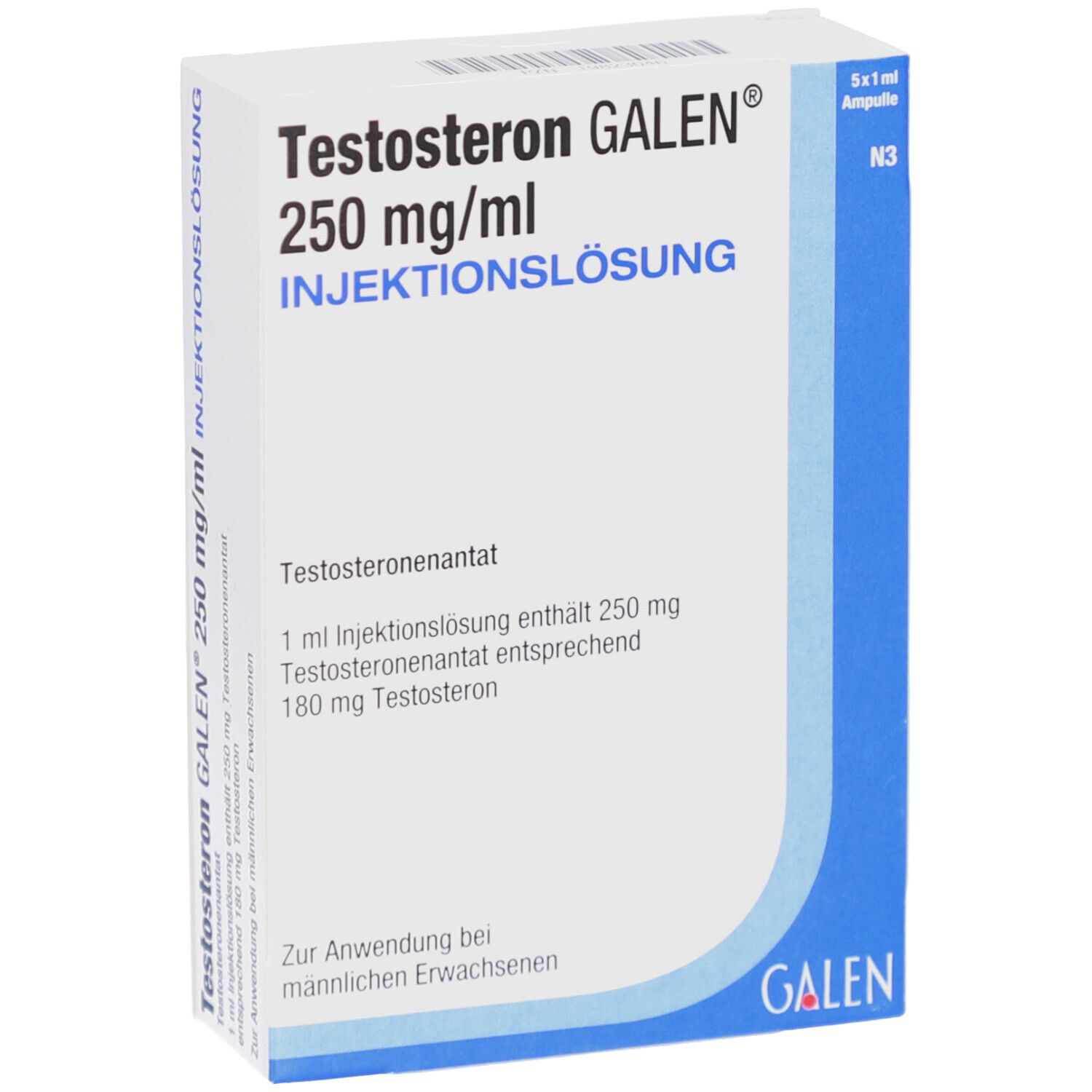 Verpackung von Testosteron GALEN 250 mg/ml Injektionslösung. Enthält 5 Ampullen. Blaue und weiße Verpackung mit Produktinformationen.