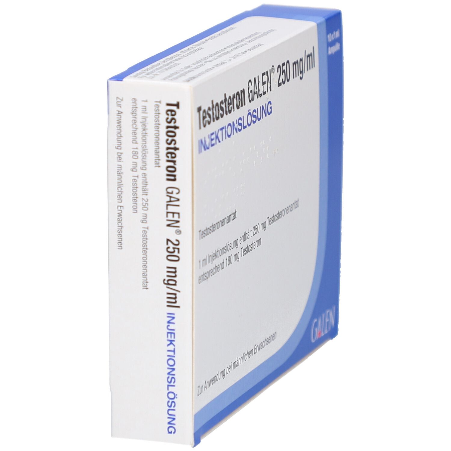 Schachtel, seitliche Ansicht. Aufschrift: Testosteron GALEN 250 mg/ml Injektionslösung. Enthält Produktinformationen.
