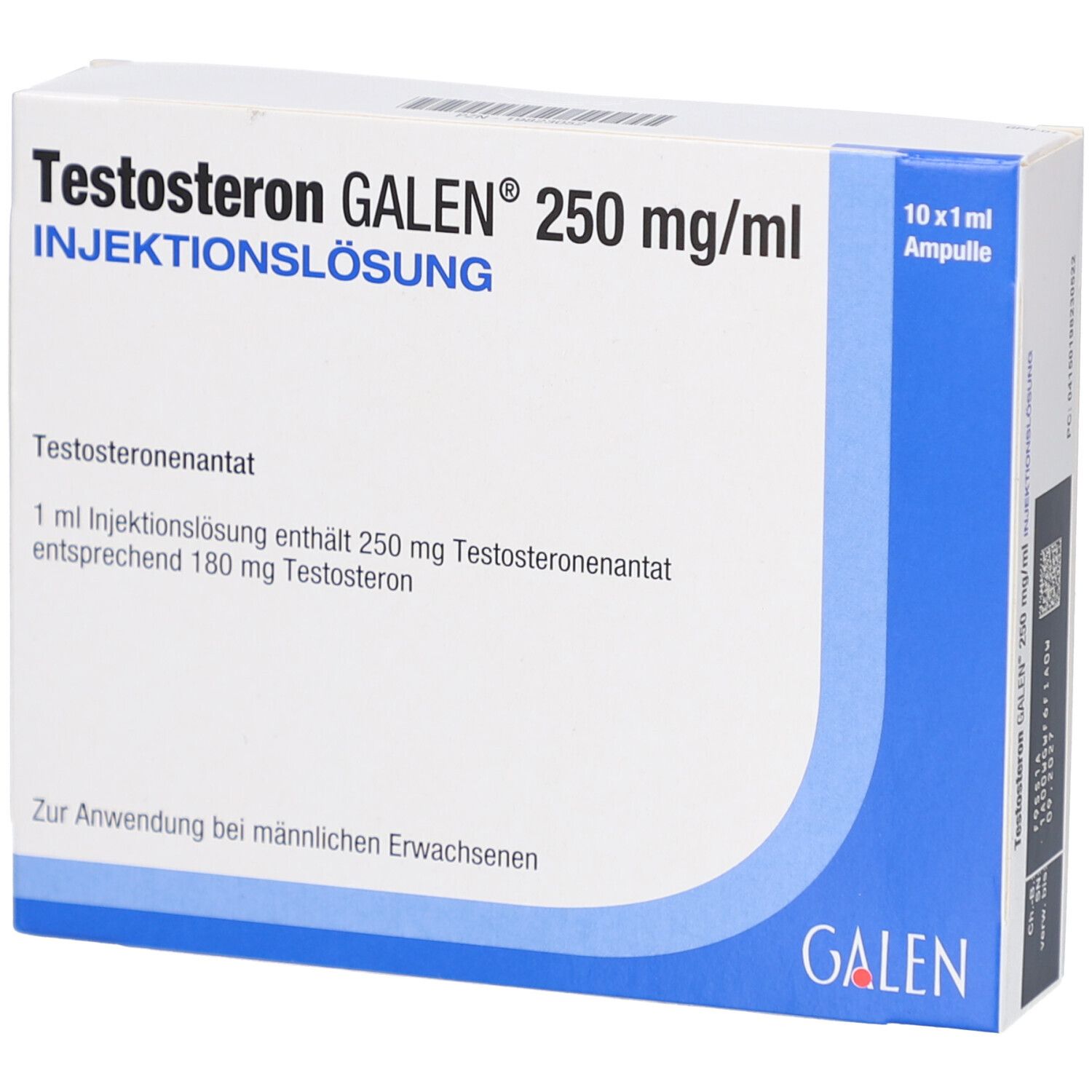Schachtel mit Produktinformationen. Aufschrift: Testosteron GALEN 250 mg/ml Injektionslösung. Enthält 10 Ampullen.