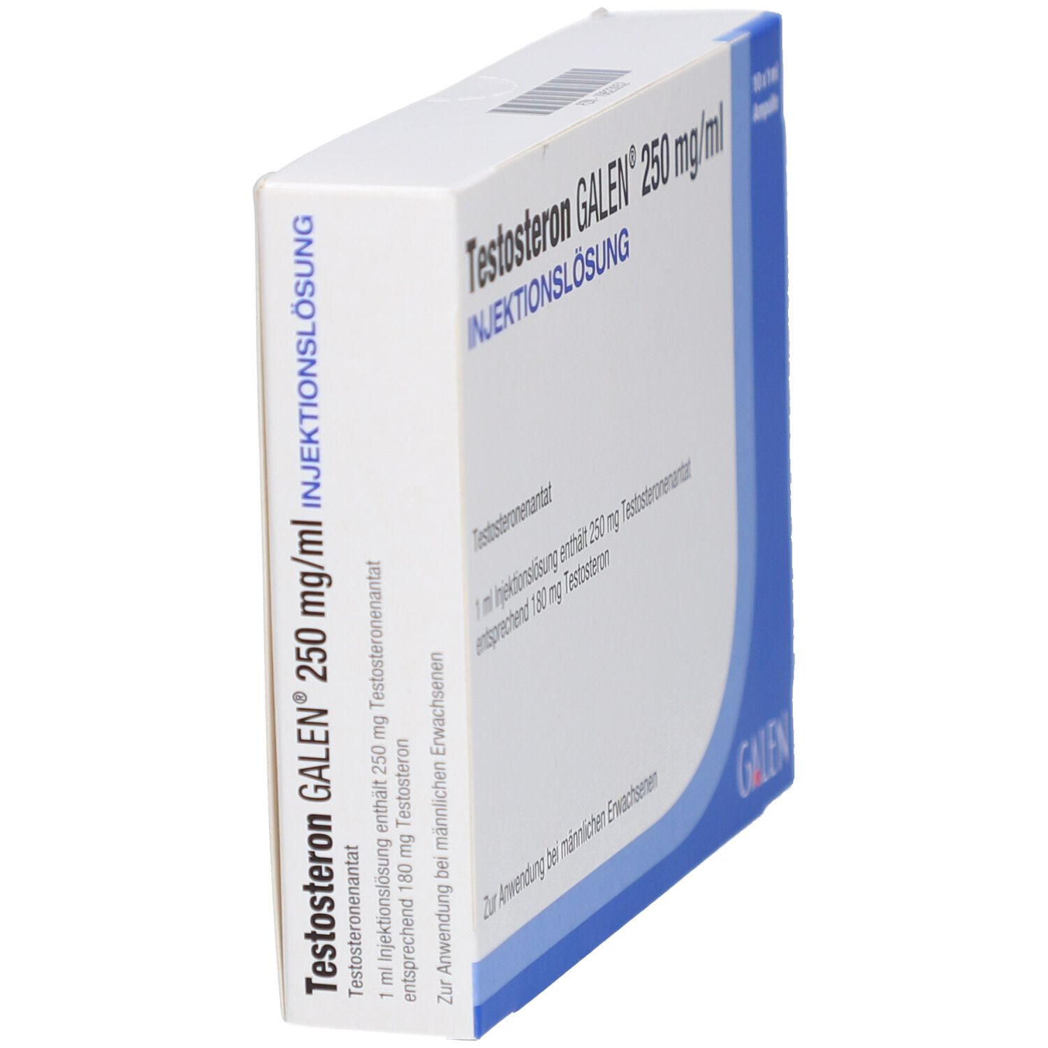 Schachtel, seitliche Ansicht. Aufschrift: Testosteron GALEN 250 mg/ml Injektionslösung. Enthält Produktinformationen.