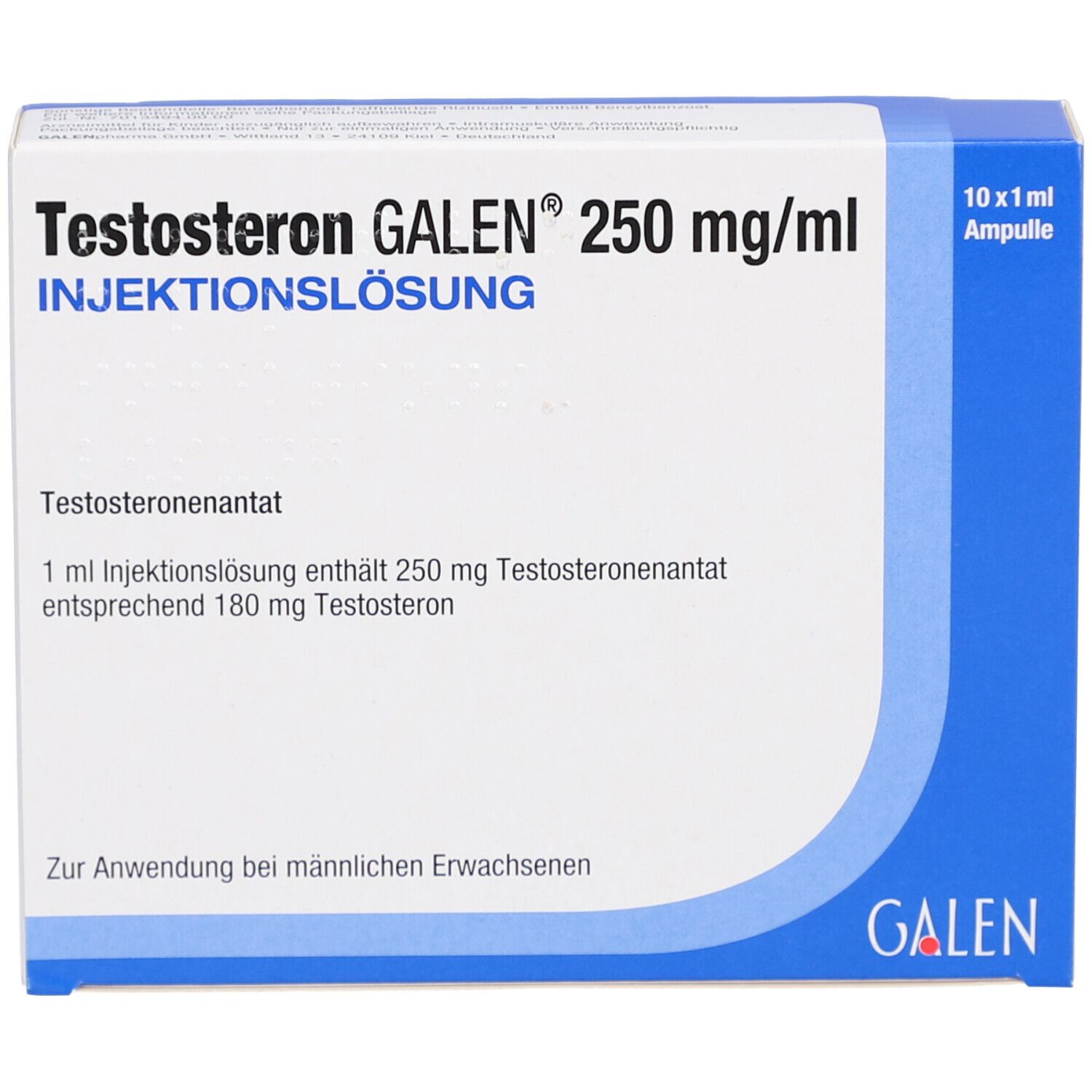 Schachtel mit Produktinformationen. Aufschrift: Testosteron GALEN 250 mg/ml Injektionslösung. Enthält 10 Ampullen.