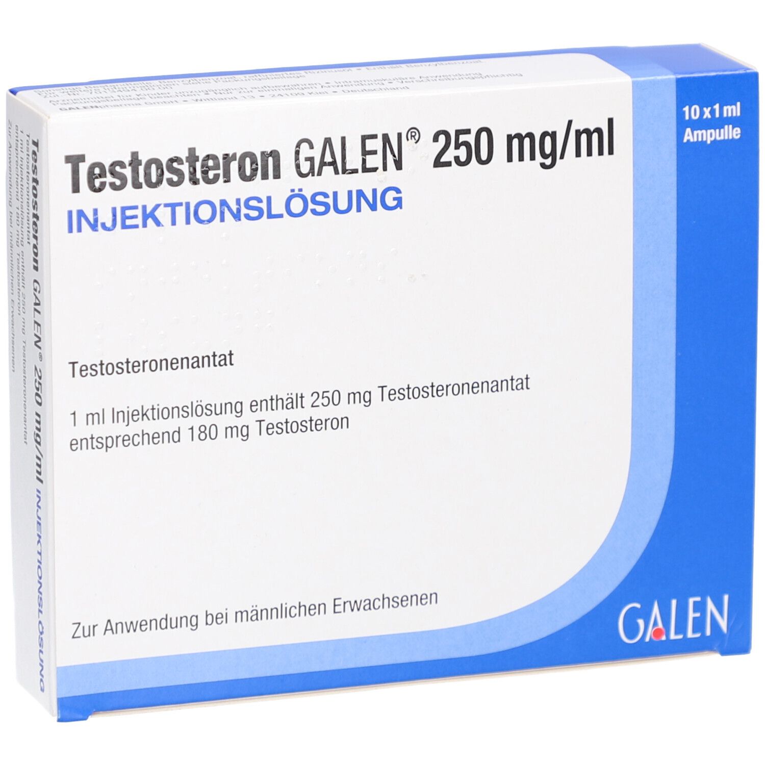 Schachtel mit Produktinformationen. Aufschrift: Testosteron GALEN 250 mg/ml Injektionslösung. Enthält 10 Ampullen.