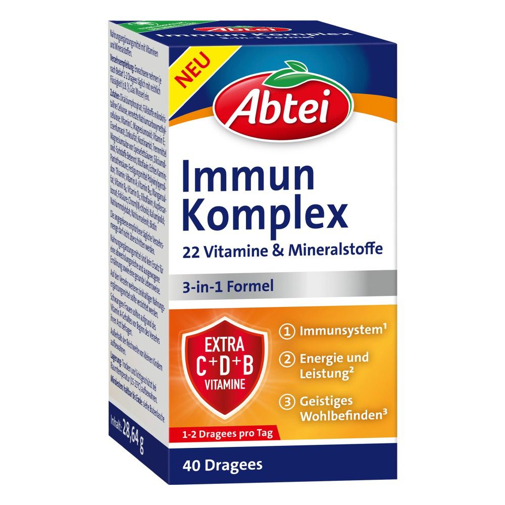 Abtei Immun Komplex Dragees. Packung mit 40 Dragees. Enthält 22 Vitamine & Mineralstoffe. 3-in-1 Formel.