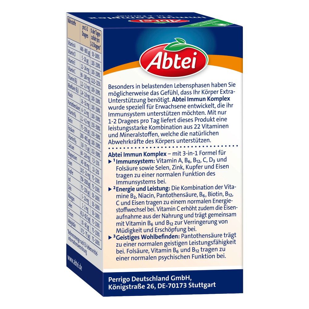 Rückseite der Abtei Immun Komplex Dragees Packung. Text mit Inhaltsstoffen und Informationen. Perigo Deutschland GmbH.
