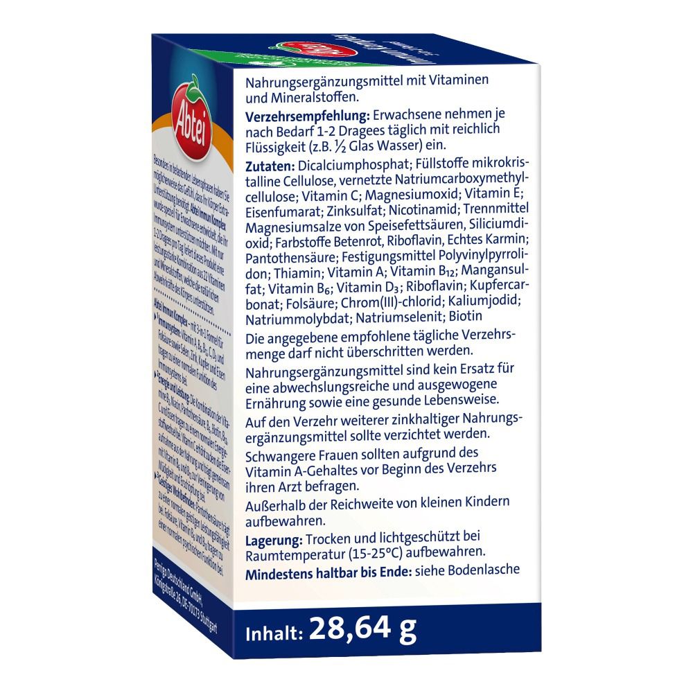 Rückseite der Abtei Immun Komplex Dragees Packung. Text mit Inhaltsstoffen und Informationen. Inhalt: 28,64 g.