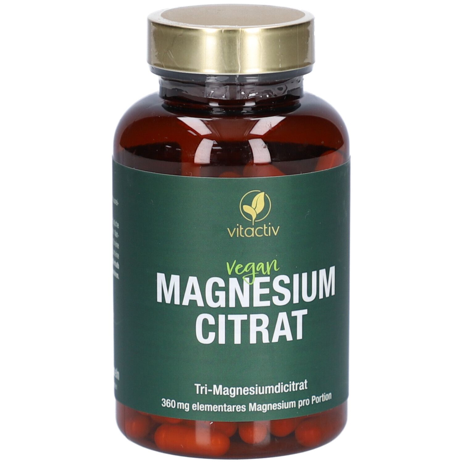 Braune Flasche mit veganem Magnesium Citrat. vitactiv Logo. Grüne Etikett mit Produktinformationen.