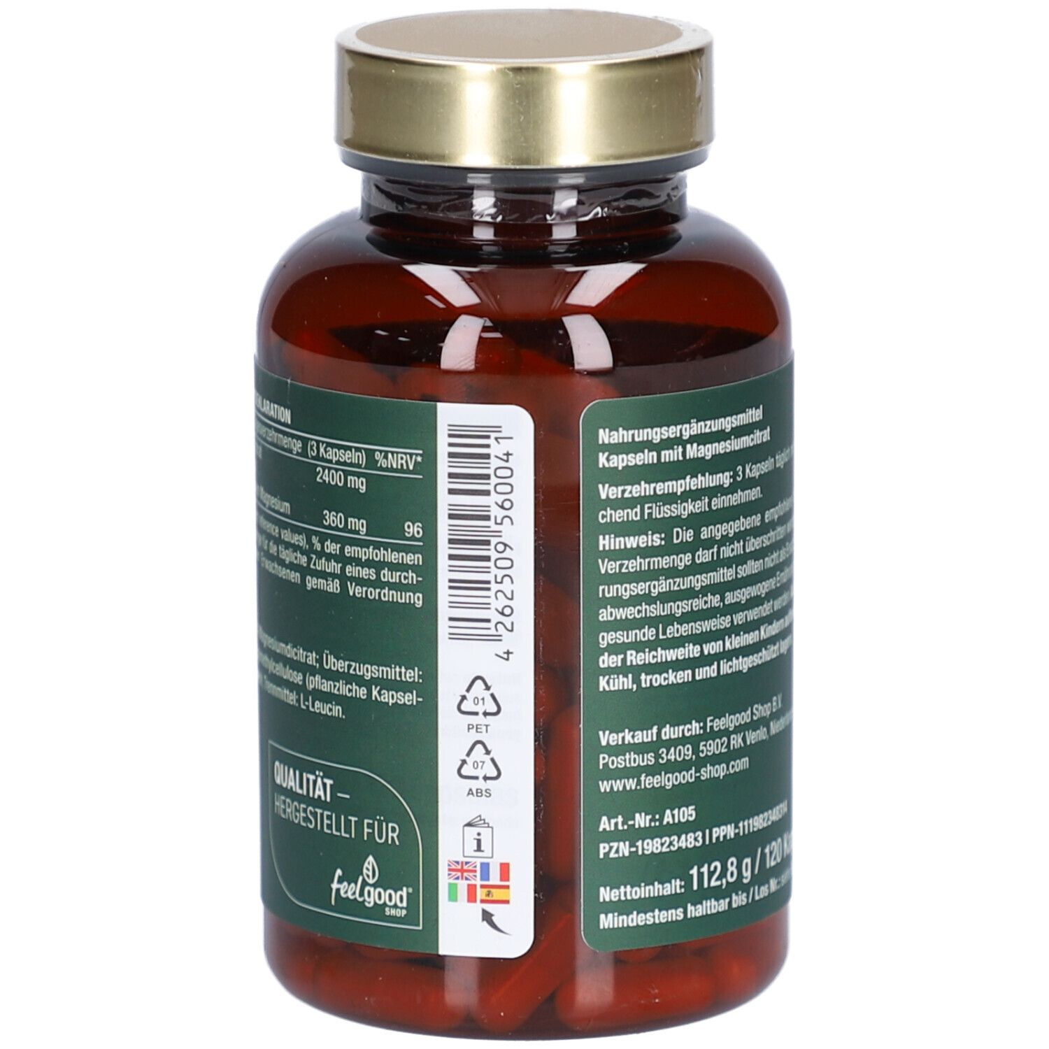 Rückseite der Flasche mit veganem Magnesium Citrat. Text: Nährwertdeklaration, Inhaltsstoffe, Hersteller.