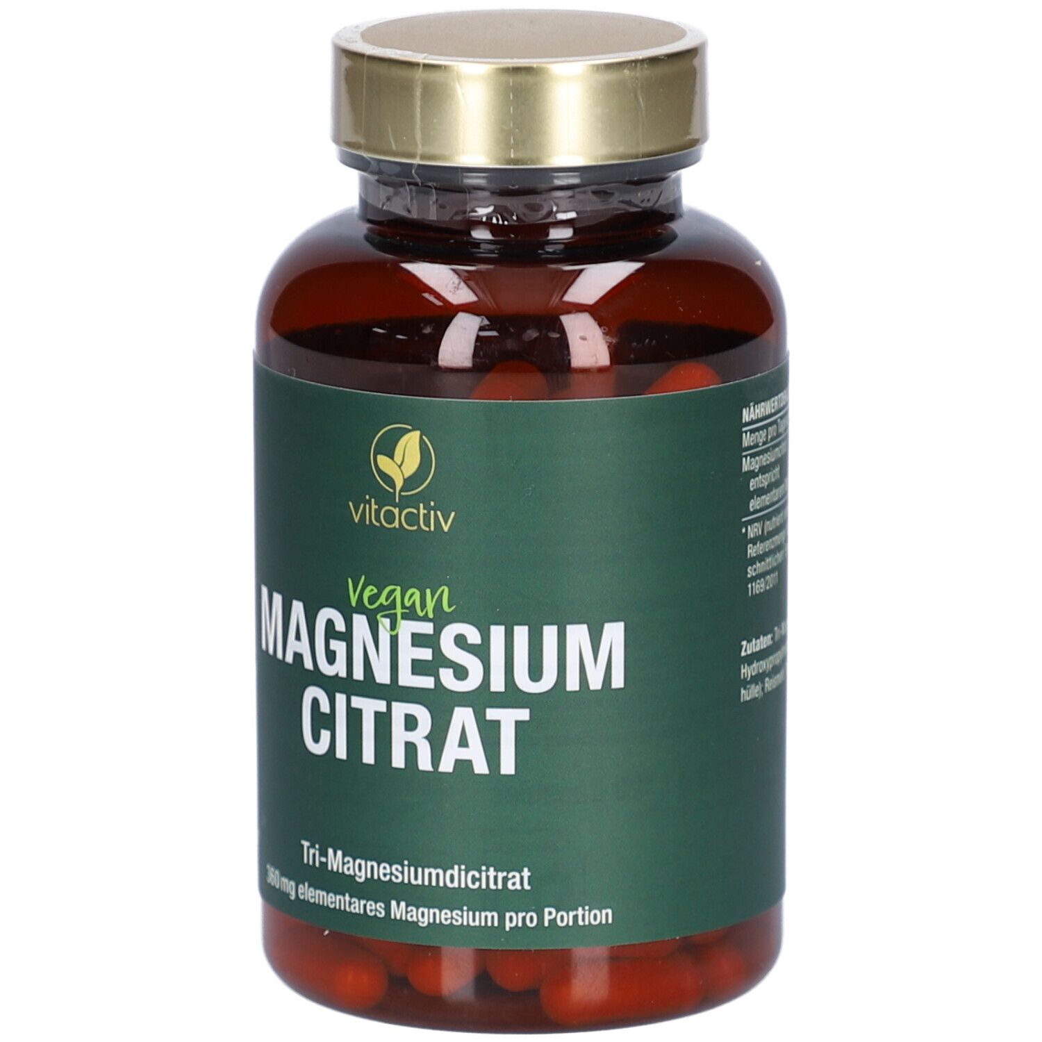 Braune Flasche mit veganem Magnesium Citrat. vitactiv Logo. Grüne Etikett mit Produktinformationen.