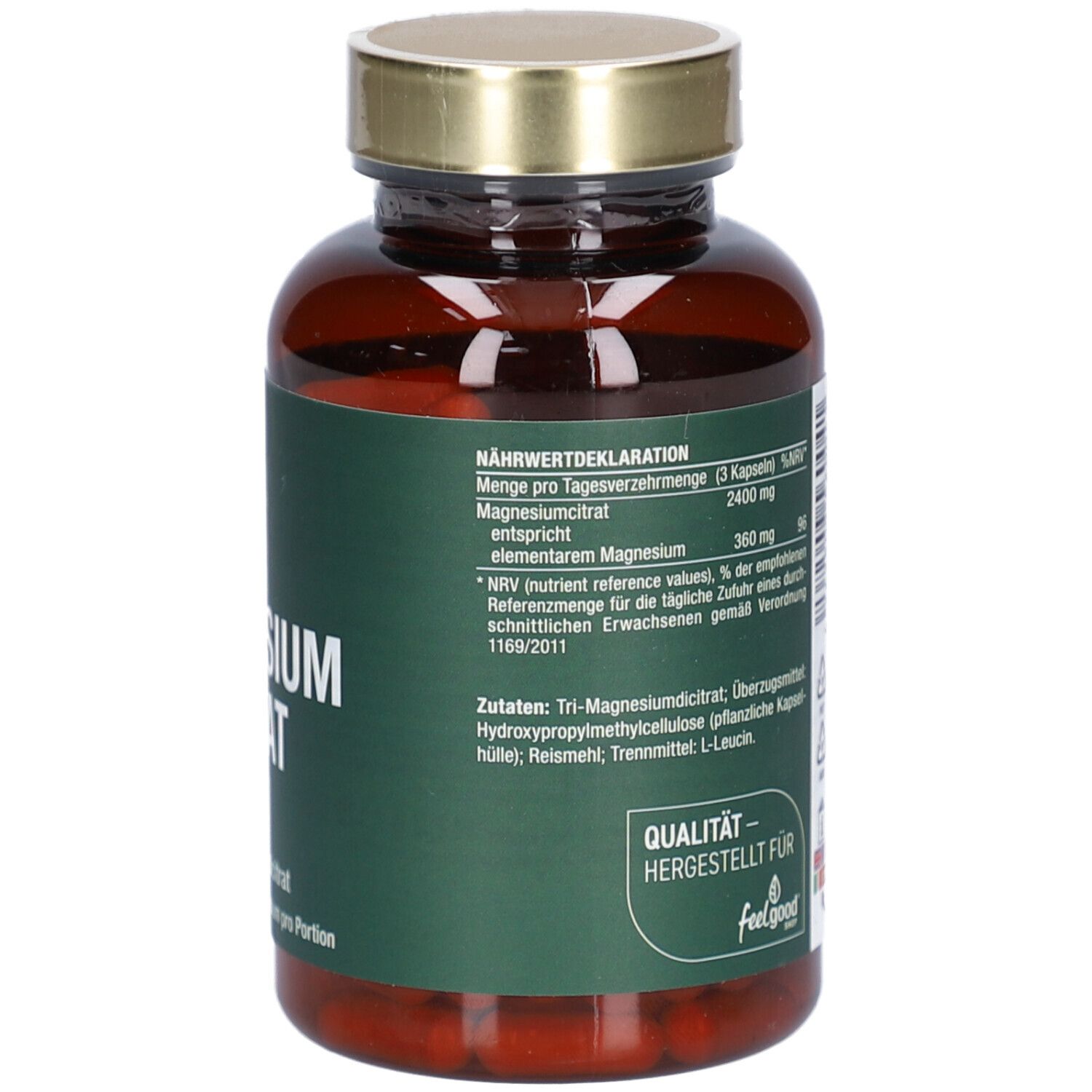 Rückseite der Flasche mit veganem Magnesium Citrat. Text: Nährwertdeklaration, Inhaltsstoffe, Hersteller.