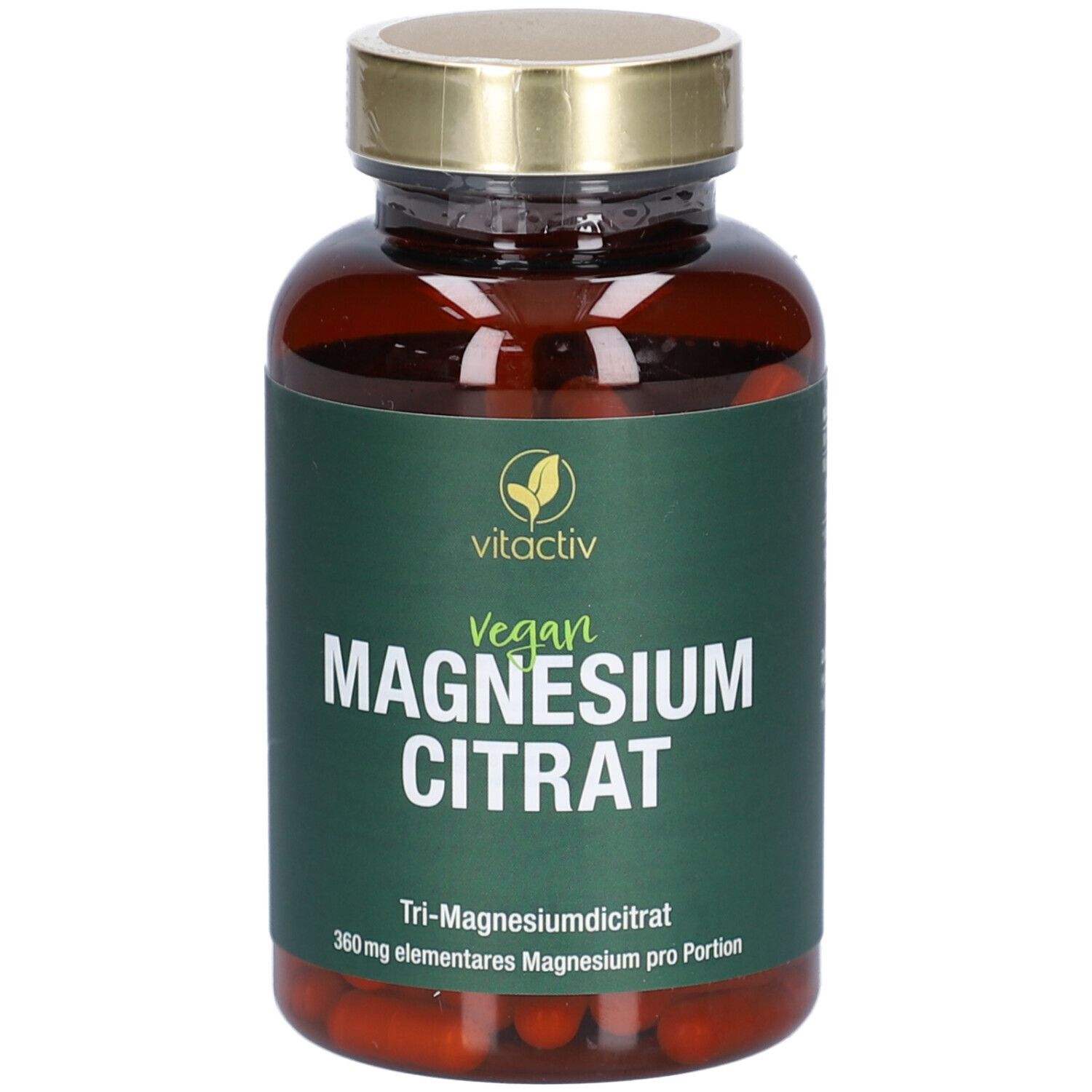 Braune Flasche mit veganem Magnesium Citrat. vitactiv Logo. Grüne Etikett mit Produktinformationen.