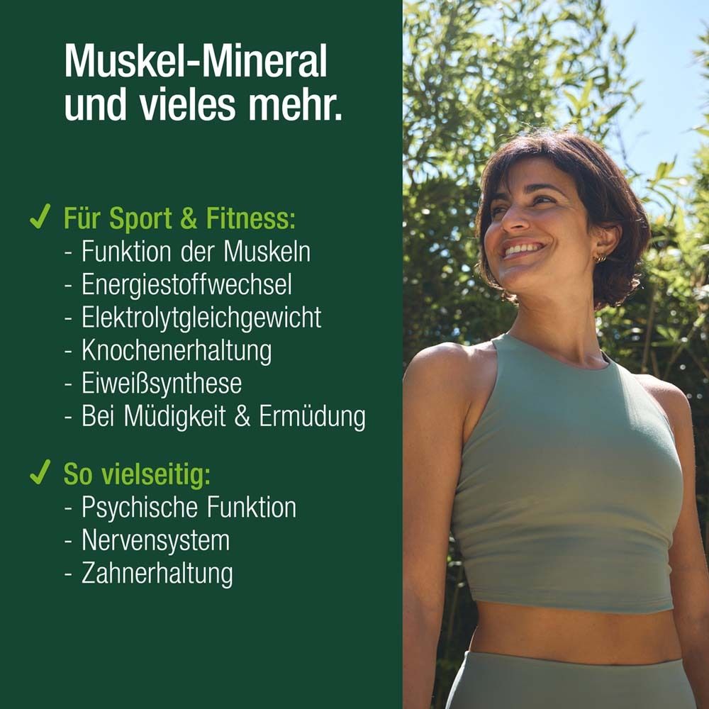 Frau im Sport-Outfit. Text: Für Sport & Fitness, Muskelfunktion, Energiestoffwechsel, Elektrolytgleichgewicht, uvm.