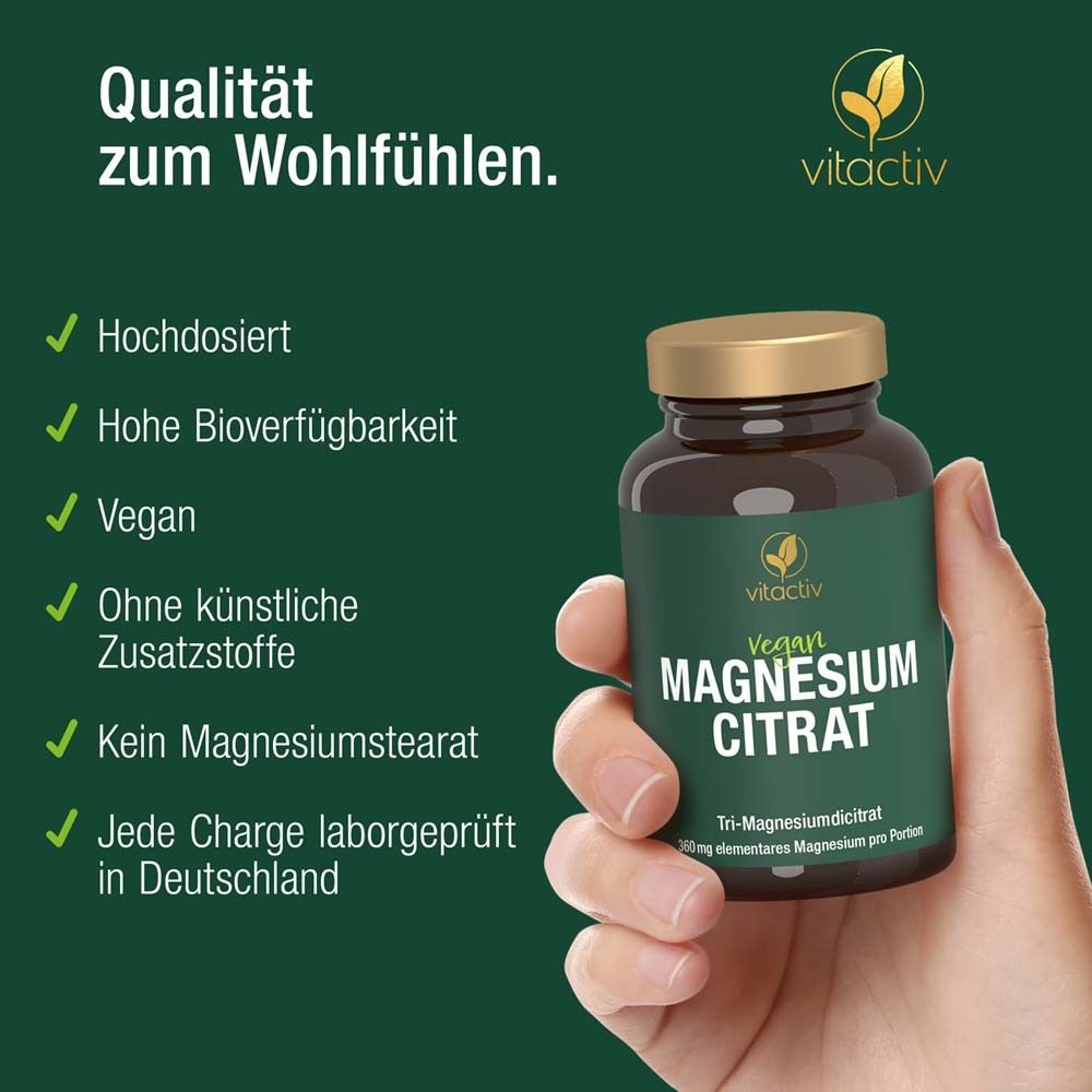 Braune Flasche mit veganem Magnesium Citrat. vitactiv Logo. Grüne Etikett mit Produktinformationen.