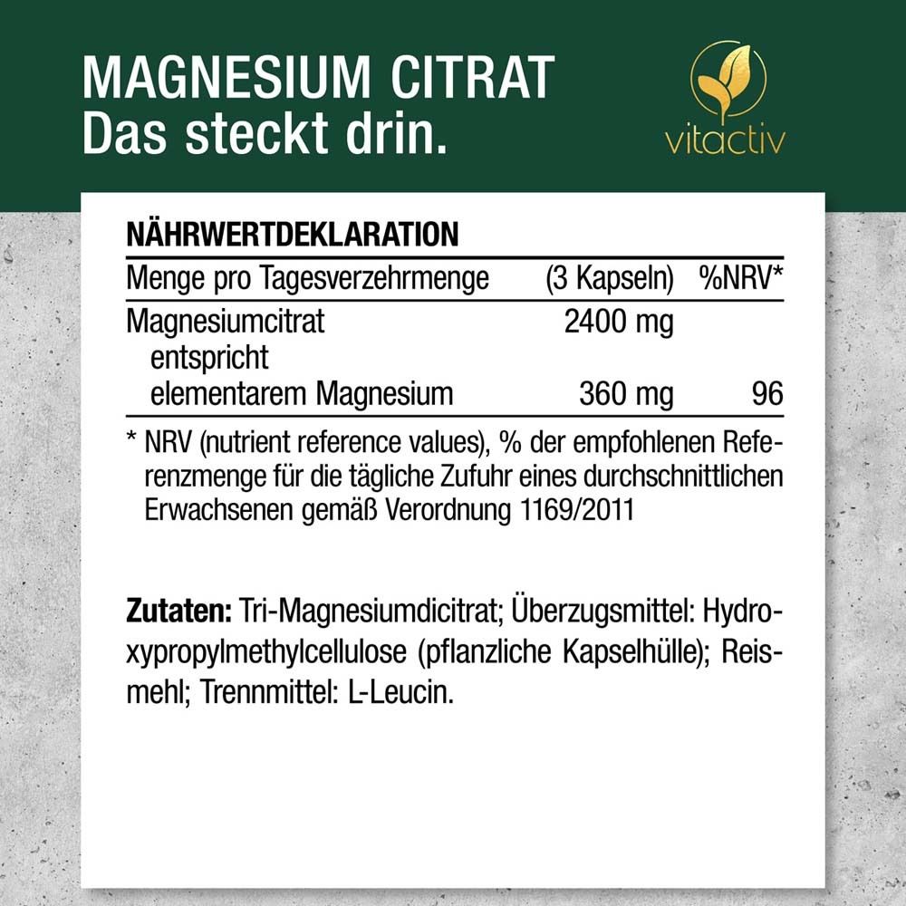 Nährwertdeklaration. Text: Magnesiumcitrat, 2400 mg, entspricht 360 mg elementares Magnesium. Marke: vitactiv.