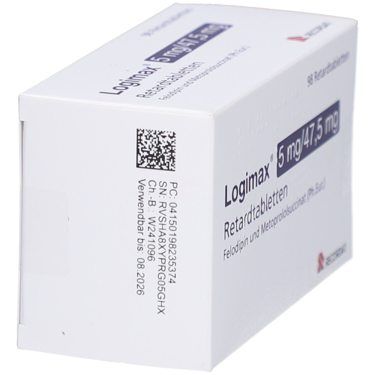 Weiße Schachtel mit LOGIMAX 5 mg/47,5 mg Retardtabletten. Aufdruck mit Chargennummer und Verfallsdatum. RECORDATI-Logo.