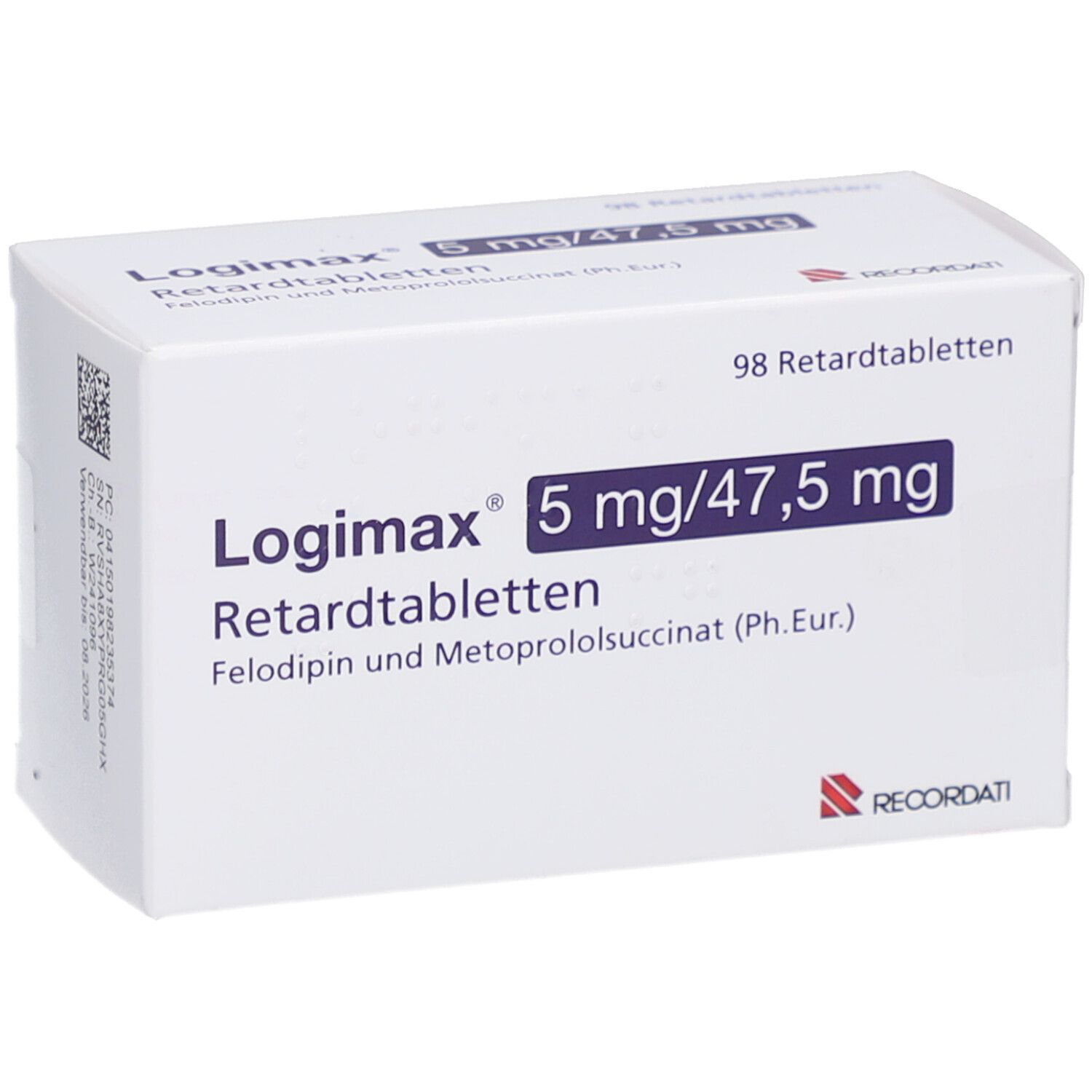 Weiße Schachtel mit LOGIMAX 5 mg/47,5 mg Retardtabletten. Aufschrift: Felodipin und Metoprololsuccinat. 98 Retardtabletten.