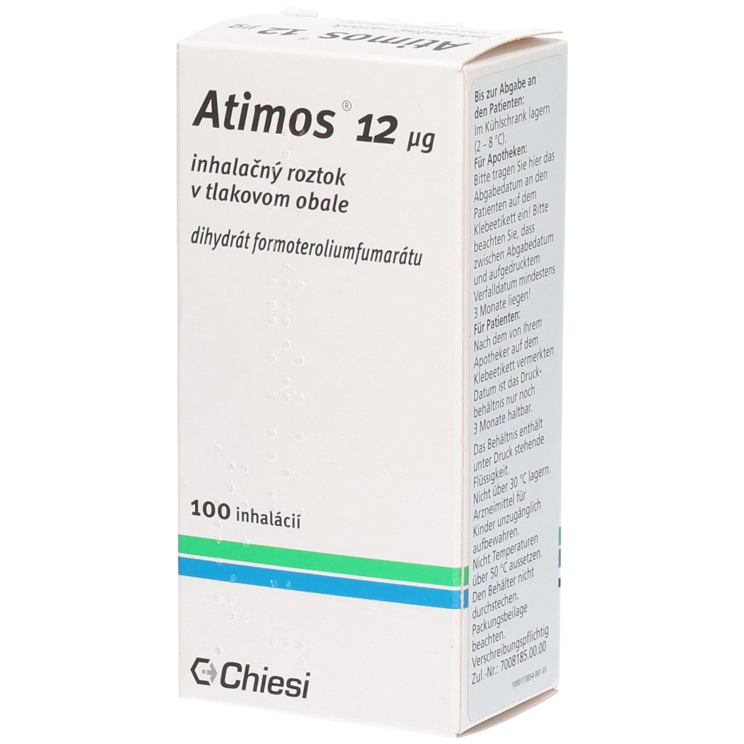 Weiße Schachtel mit Aufschrift Atimos 12 µg, 100 Inhalationen. Chiesi Logo.