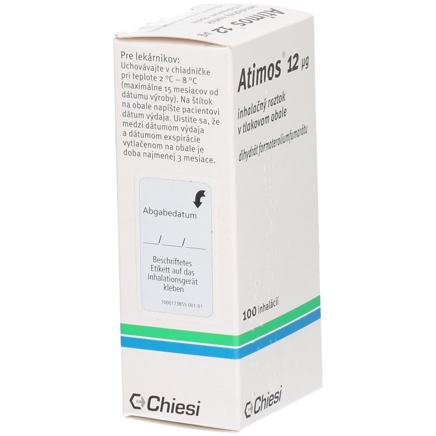 Weiße Schachtel, Atimos 12 µg, 100 Inhalationen. Chiesi Logo. Aufkleber für Verfallsdatum.