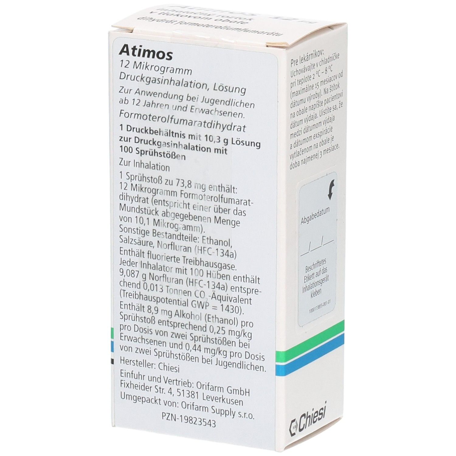 Weiße Schachtel, Atimos 12 Mikrogramm, Druckgasinhalation. Text und Chiesi Logo.