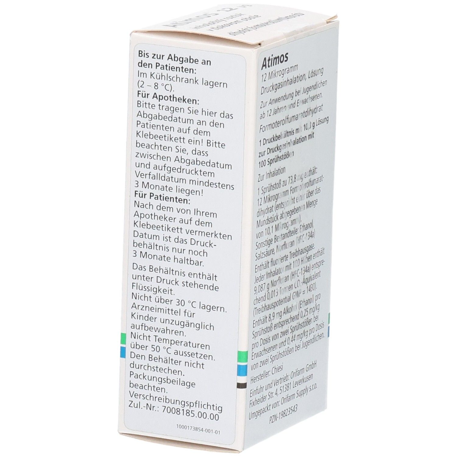 Weiße Schachtel, Atimos 12 Mikrogramm, Druckgasinhalation. Text und Chiesi Logo.