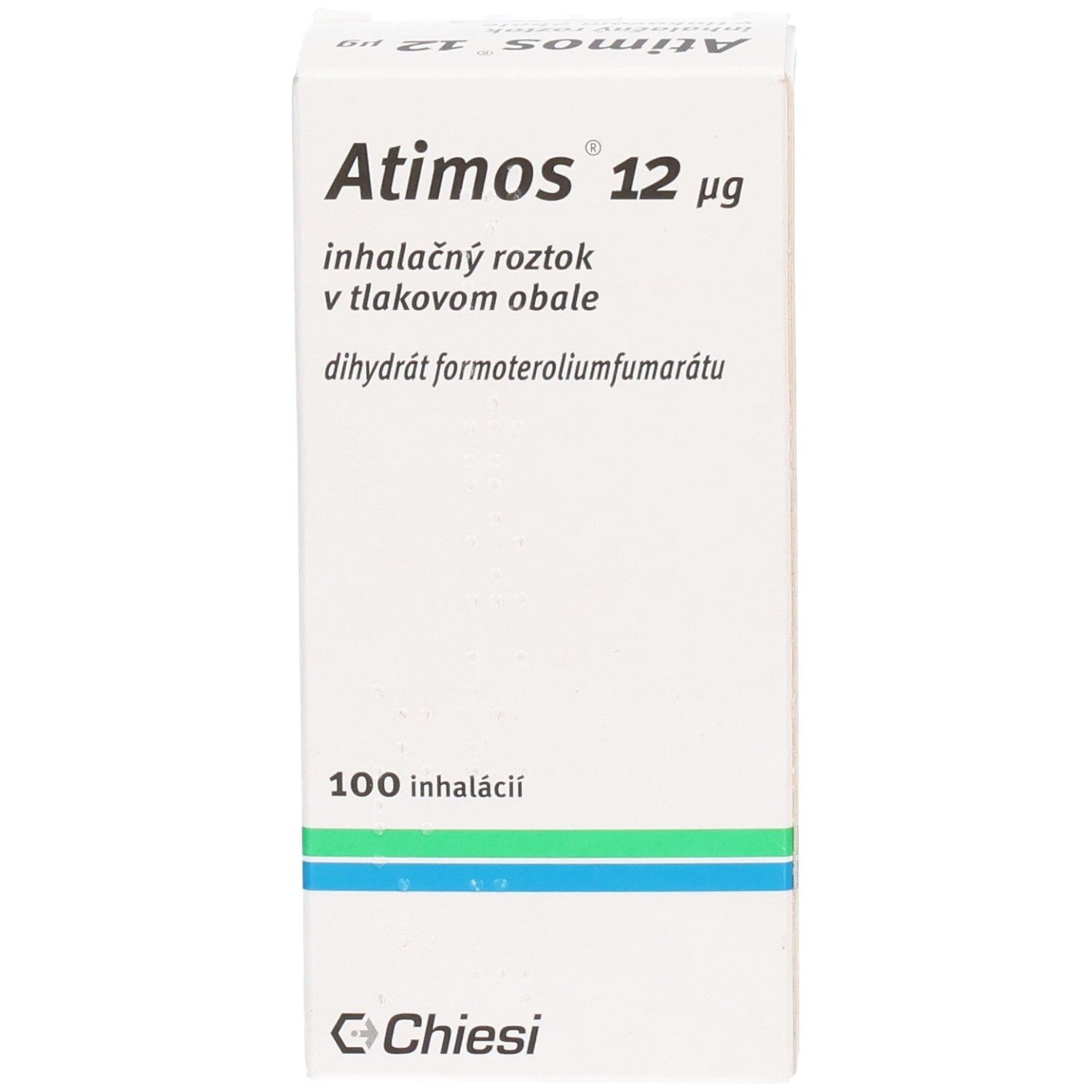 Weiße Schachtel, Atimos 12 µg, 100 Inhalationen. Chiesi Logo.