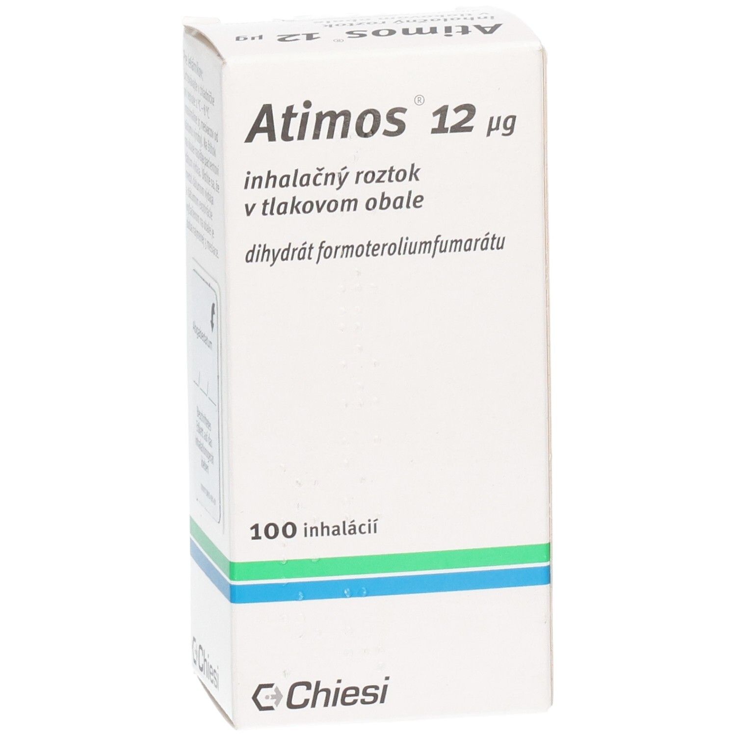 Weiße Schachtel, Atimos 12 µg, 100 Inhalationen. Chiesi Logo. Grüne und blaue Streifen.