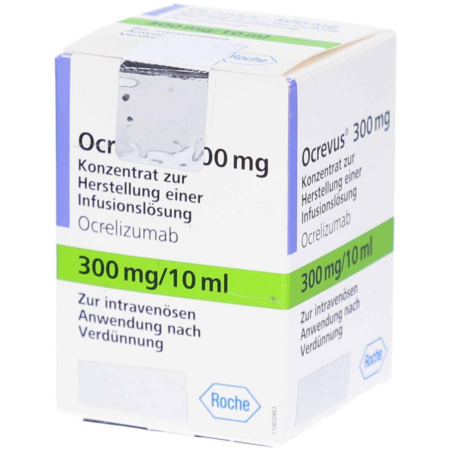 Ocrevus 300 mg Infusionslösung, Packung. Aufschrift: 300 mg/10 ml, Roche Logo. Weiß, blau, grün.