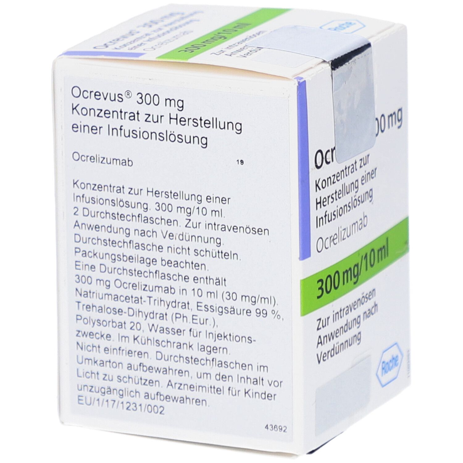 Ocrevus 300 mg Infusionslösung, Packungsbeilage. Text, Inhaltsstoffe, Hersteller. Weiß, blau, grün.
