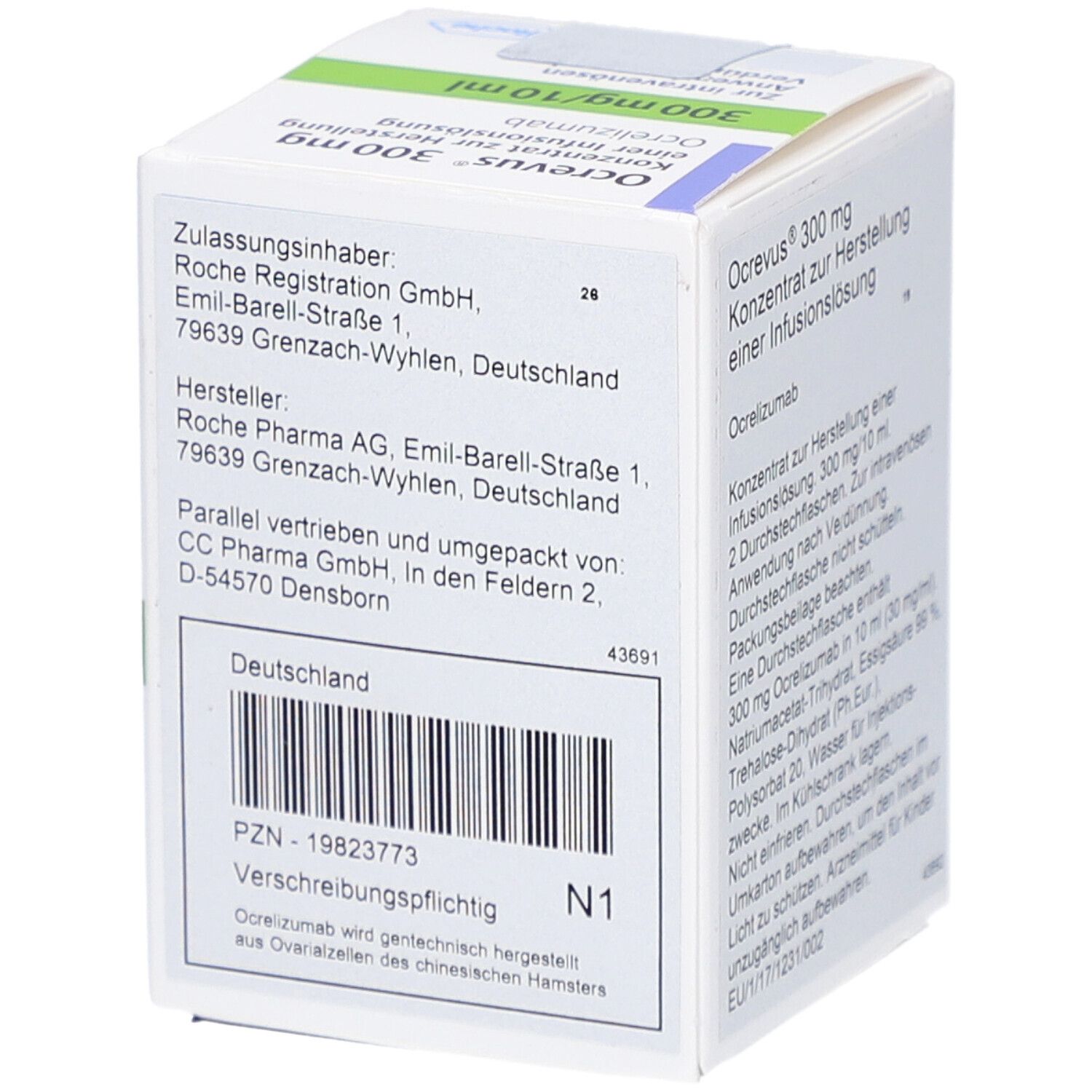Ocrevus 300 mg Infusionslösung, Packung. Hersteller- und Zulassungsdetails. Barcode. Weiß, blau, grün.