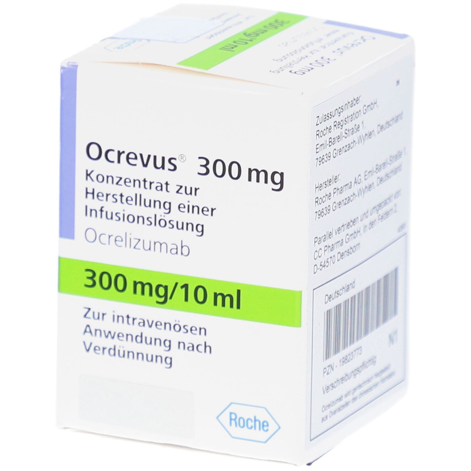 Ocrevus 300 mg Infusionslösung, Packung. Aufschrift: 300 mg/10 ml, Roche Logo. Weiß, blau, grün.