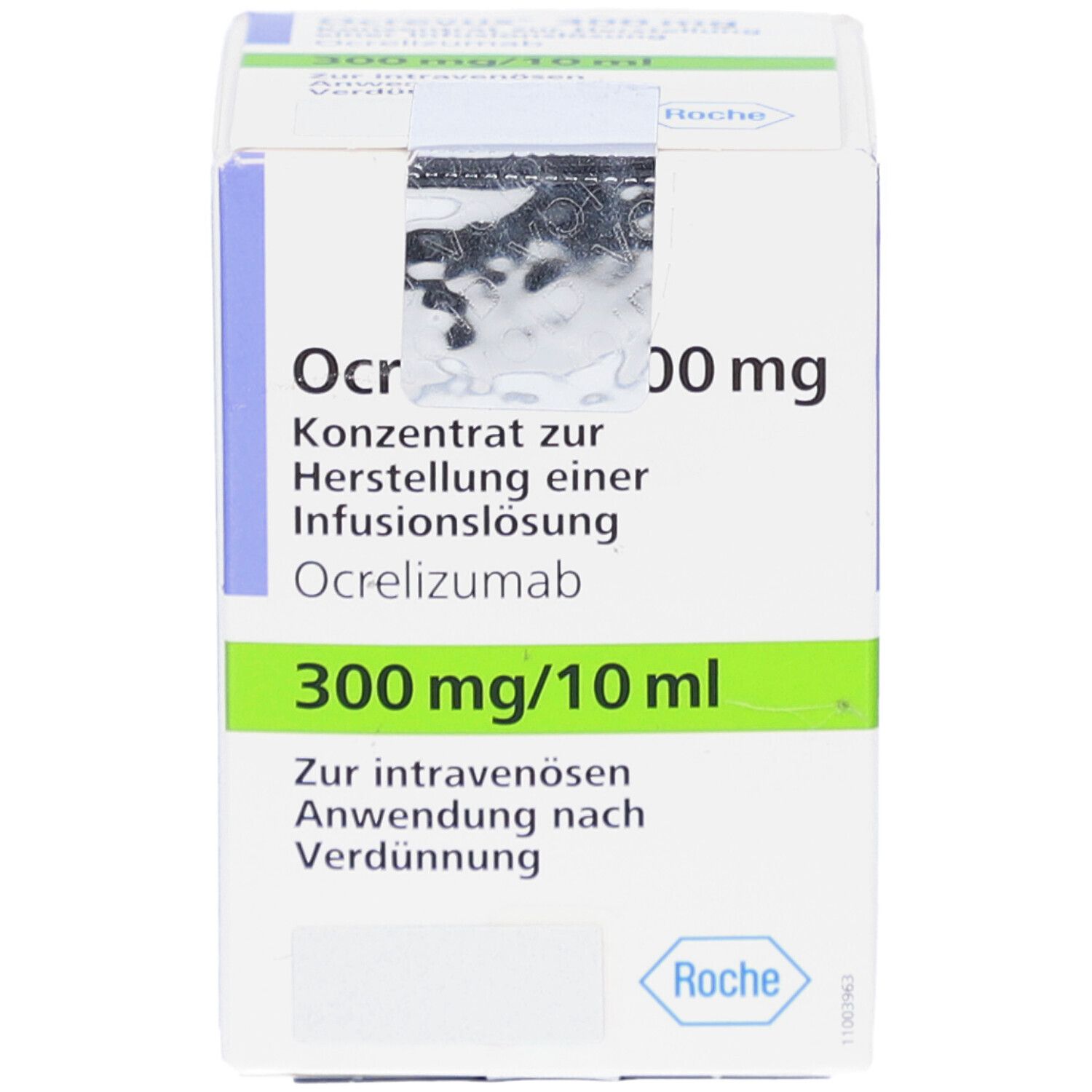 Ocrevus 300 mg Infusionslösung, Packung. Aufschrift: 300 mg/10 ml, Roche Logo. Weiß, blau, grün.