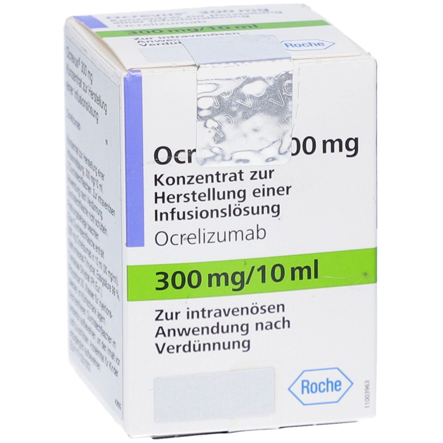 Ocrevus 300 mg Infusionslösung, Packung. Aufschrift: 300 mg/10 ml, Roche Logo. Weiß, blau, grün.