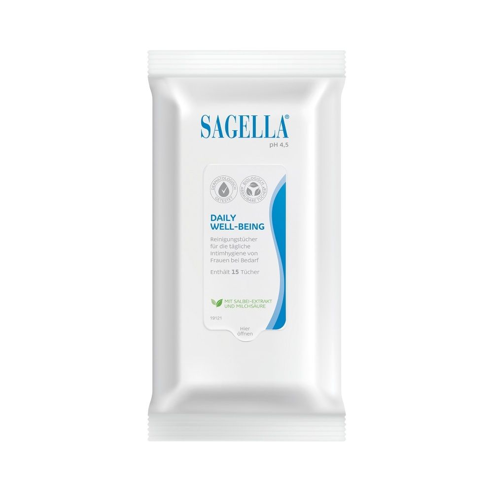Verpackung SAGELLA® pH 4,5 Daily Well-Being Intimpflegetücher, 15 Tücher.
