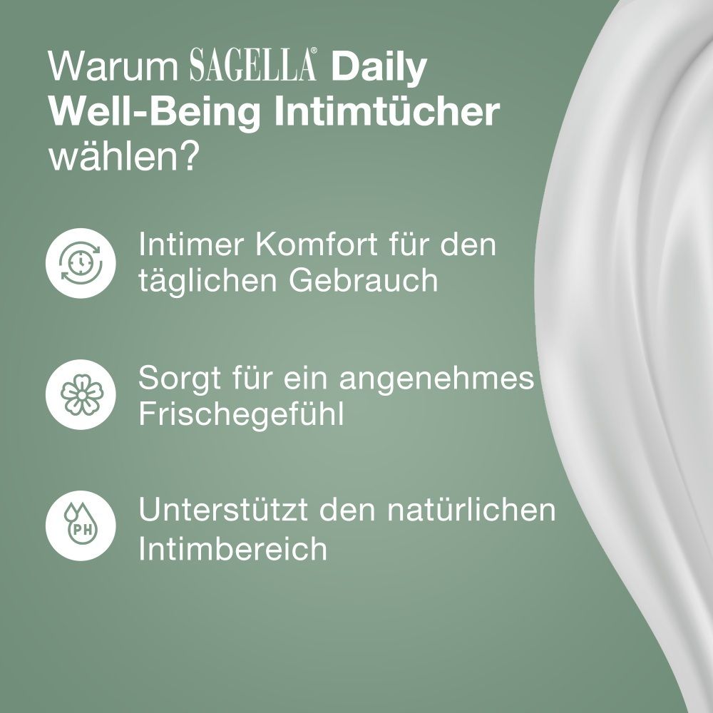Vorteile von SAGELLA® Daily Well-Being Intimtüchern: Intimer Komfort, Frischegefühl, unterstützt Intimbereich.