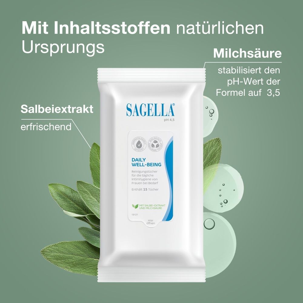 SAGELLA® pH 4,5 Daily Well-Being Intimpflegetücher mit Salbei-Extrakt und Milchsäure.