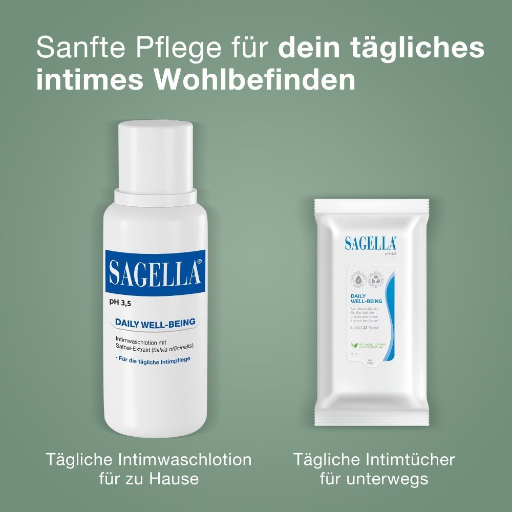 SAGELLA® Intimwaschlotion und Intimpflegetücher für tägliche Pflege.