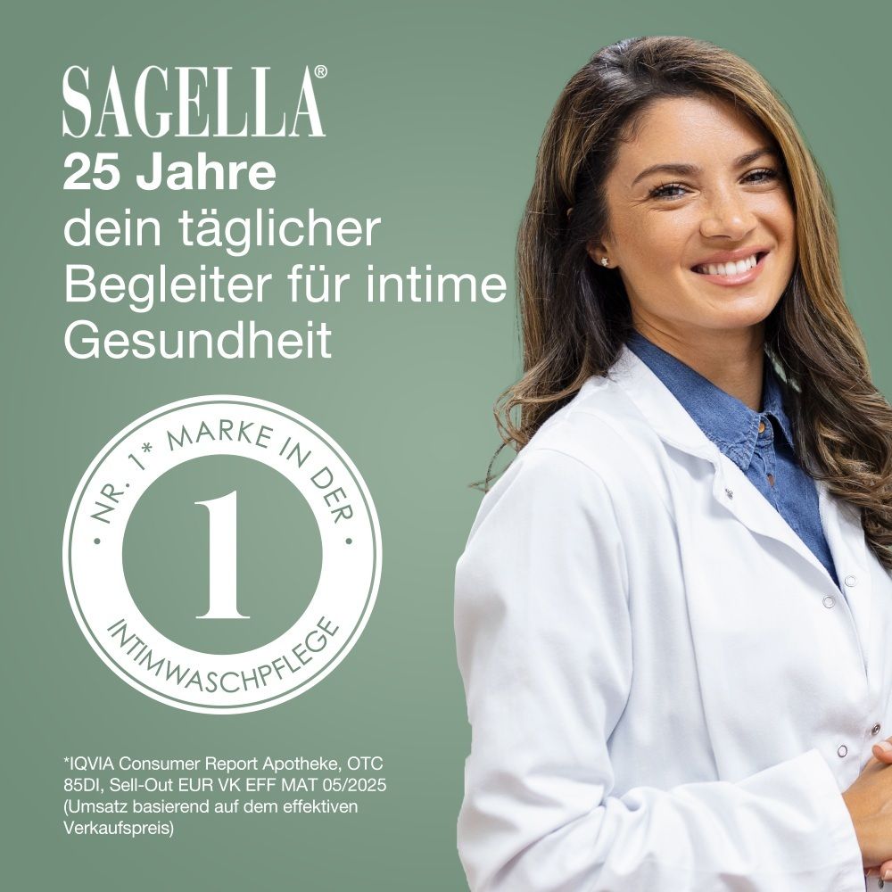 Ärztin mit SAGELLA® Logo und Auszeichnung 'Nr. 1 Marke in der Intimwaschpflege'.